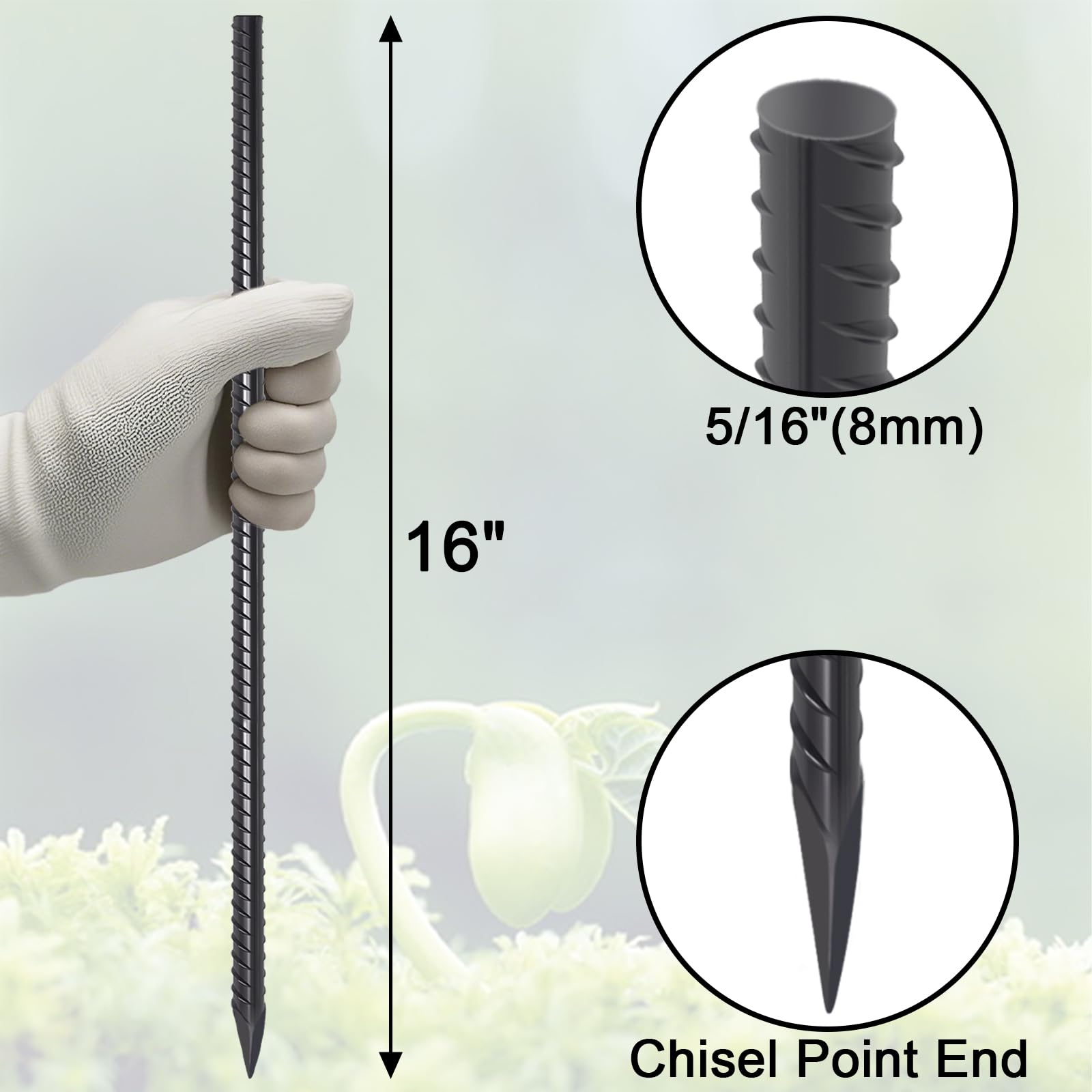 VVOKGO Rebar Stakes 16-inch, 5/16-inch diameter, ideal for sturdy fencing and plant support.