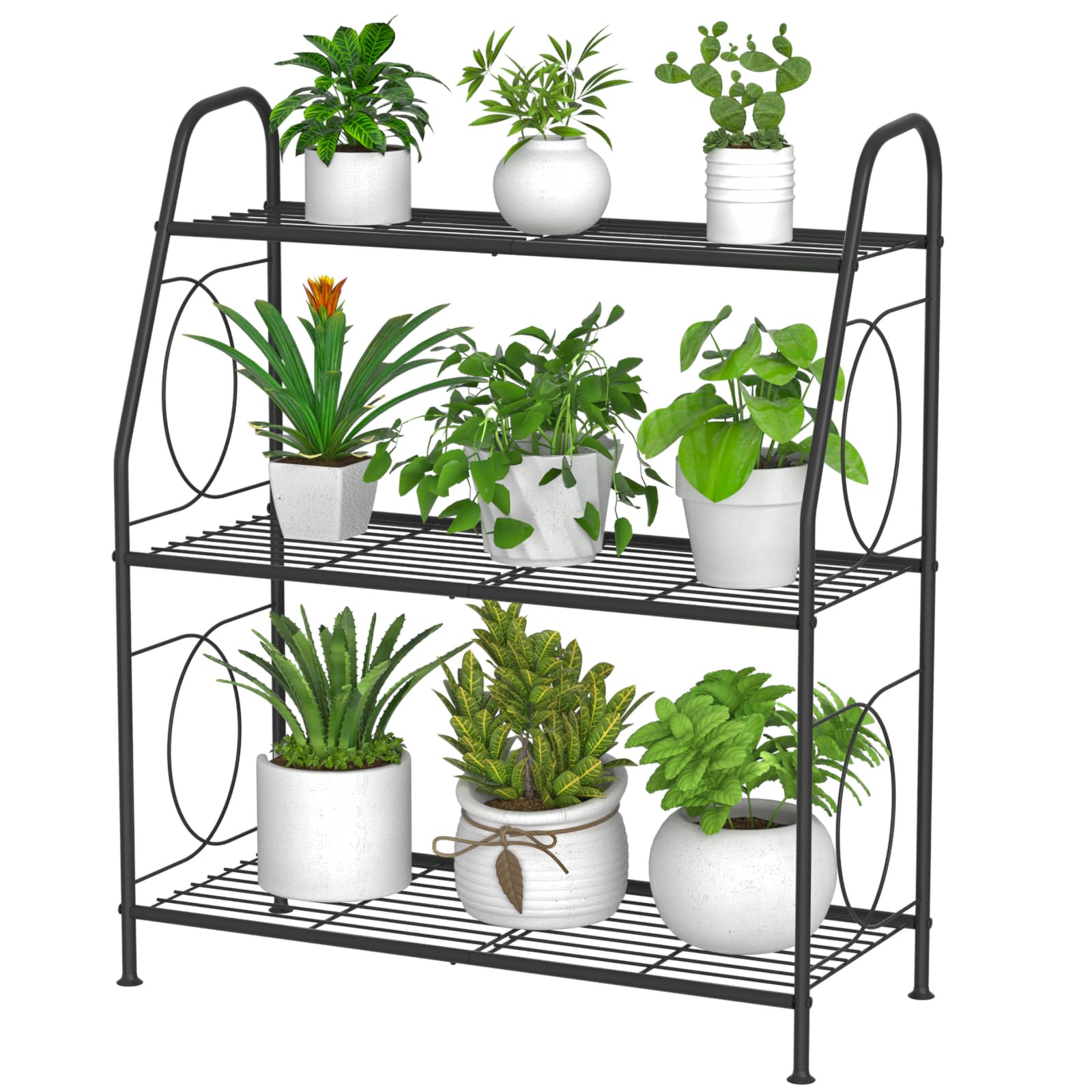 VyGrow 3-tier plant stand for indoor and outdoor use, sturdy metal construction.