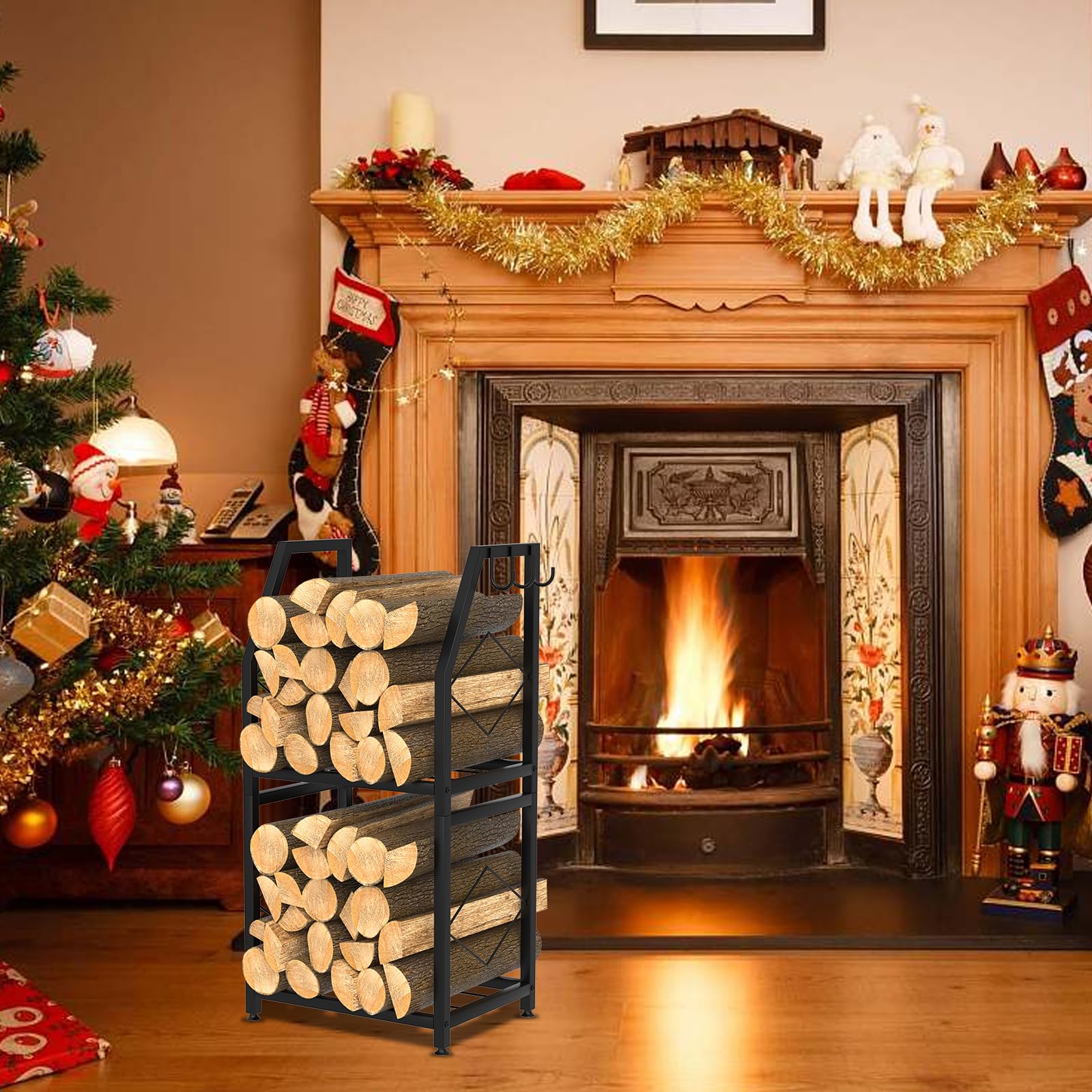 VyGrow firewood rack showing its 2-tier design for organized wood storage.
