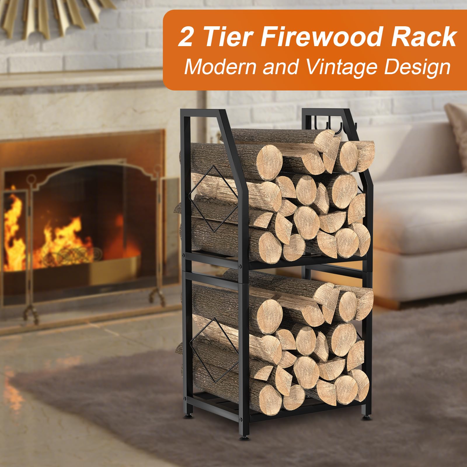 VyGrow firewood rack featuring 3 hanging hooks for tools and accessories.