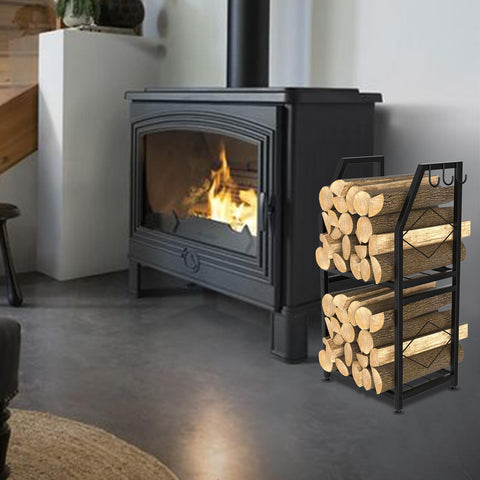 VyGrow firewood rack illustrating dimensions and 200-pound capacity.