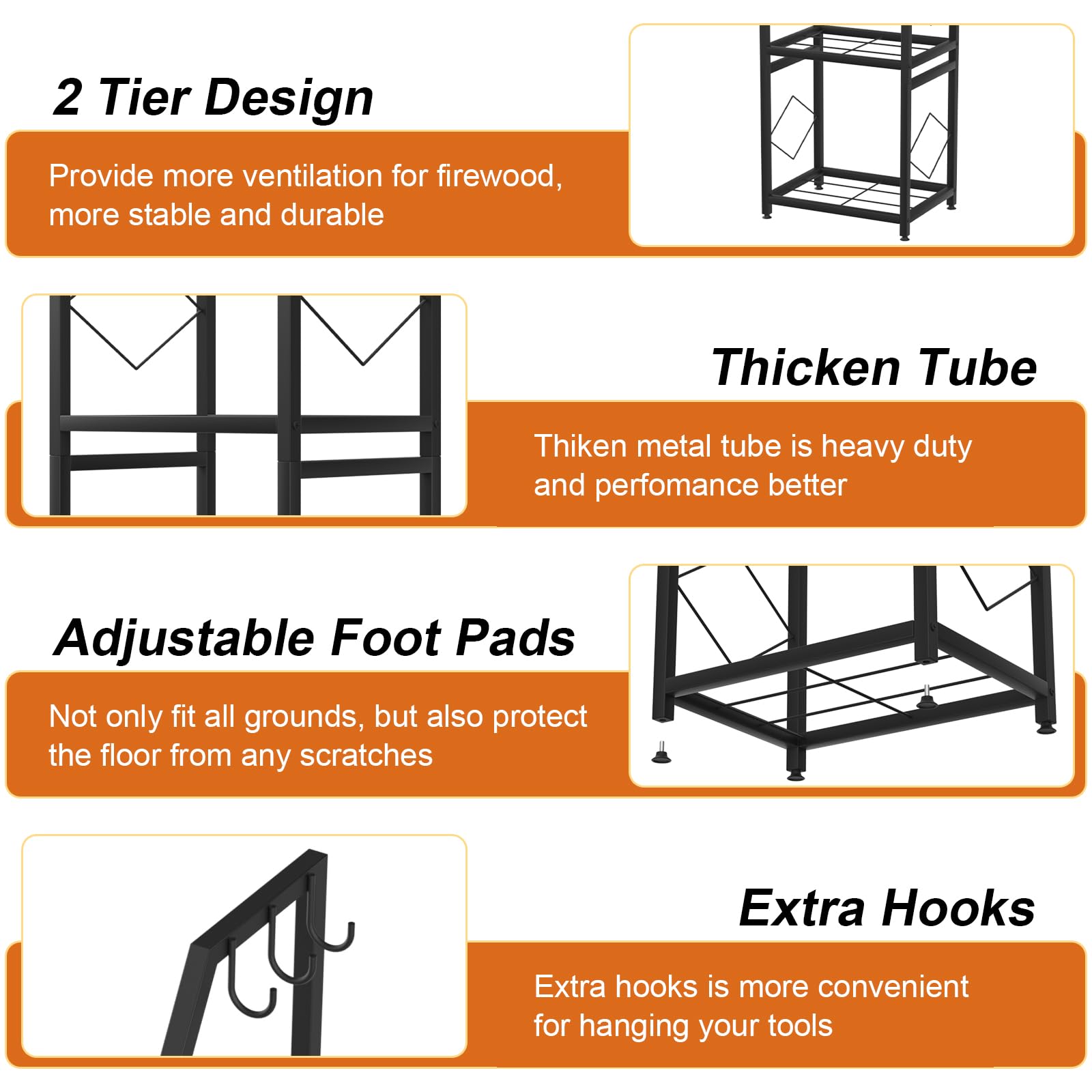 VyGrow firewood rack with rust-resistant finish suitable for indoor and outdoor use.