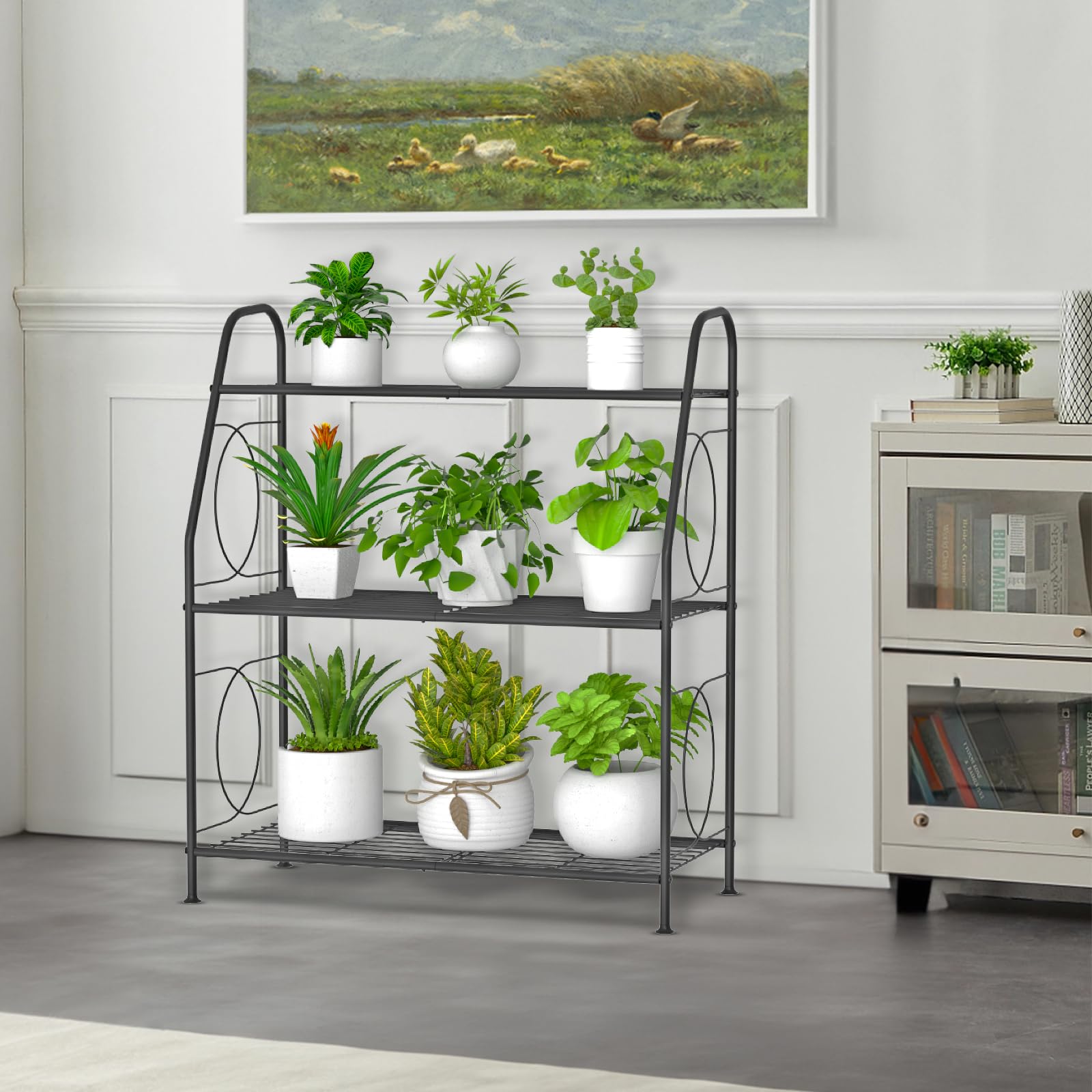 VyGrow heavy-duty metal plant rack in black for patios and living rooms.