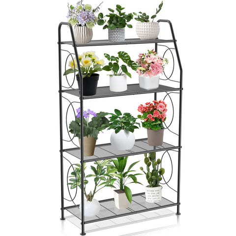 VyGrow plant stand 4-tier view showing sturdy shelves for heavy pots indoors and outdoors.