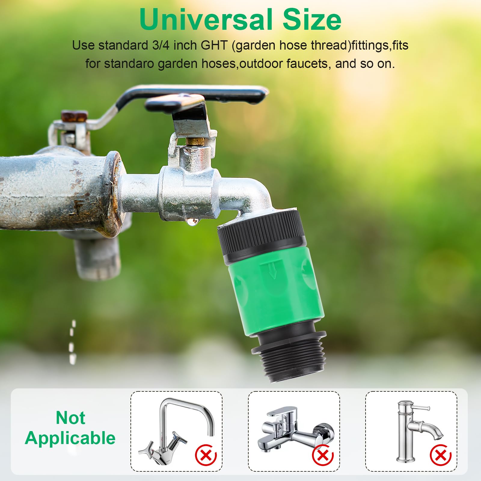 VYH female faucet connector simplifies irrigation hose changes.