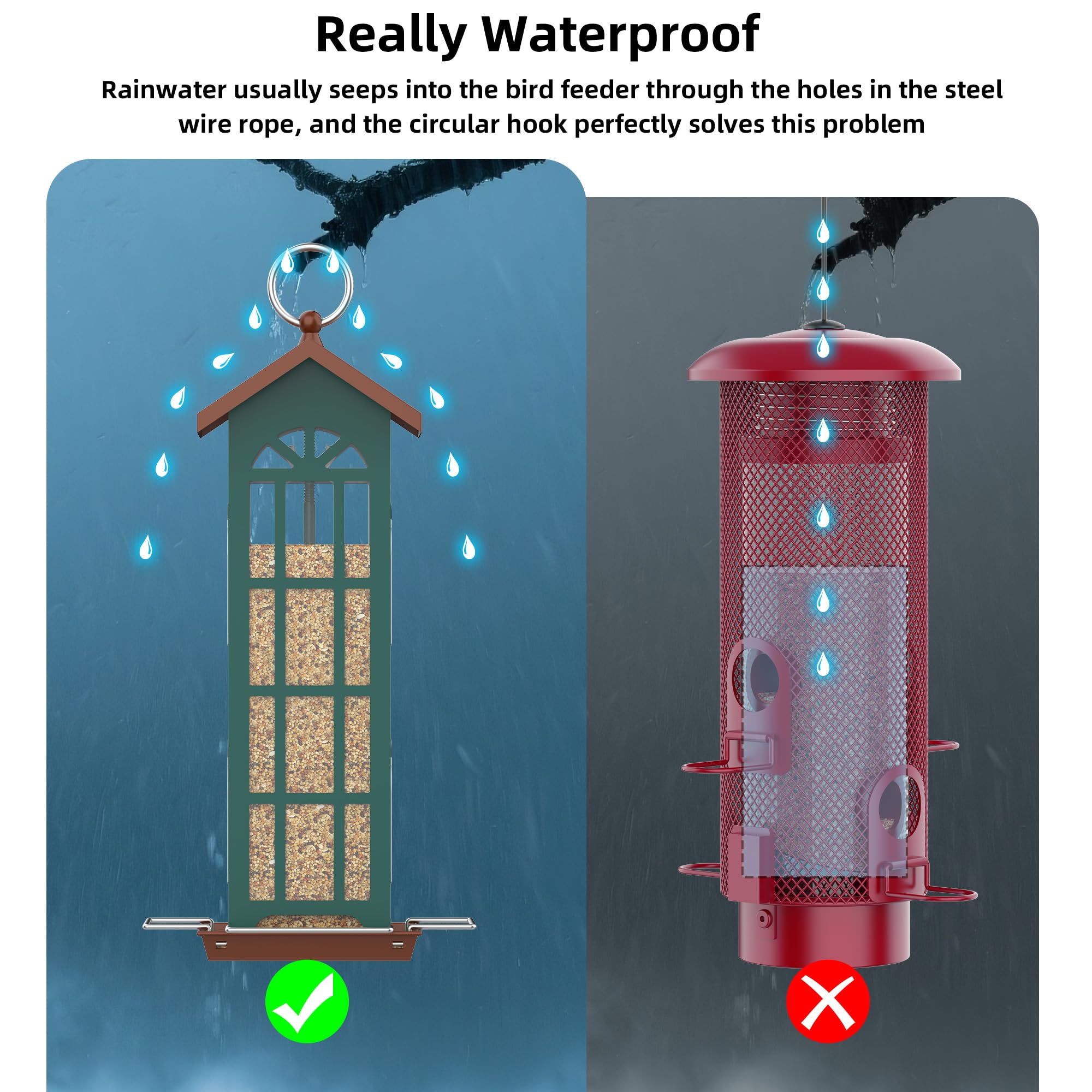 VYHAG Bird Feeder is waterproof, keeping seed fresh during rain.