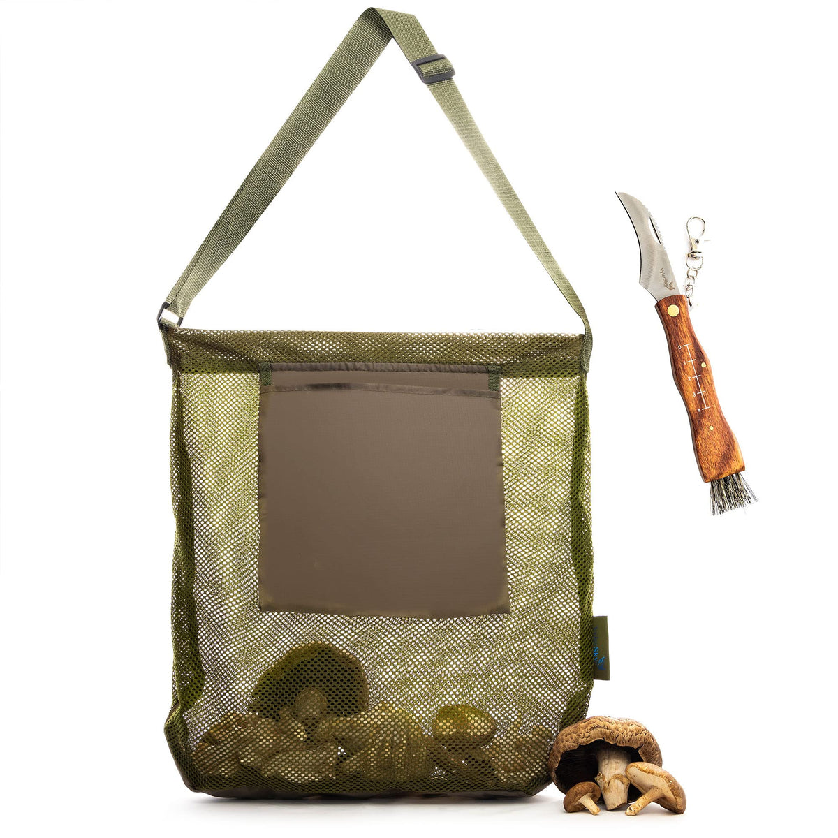 VylerSky foraging bag with collapsible mesh sack for easy mushroom collection outdoors.