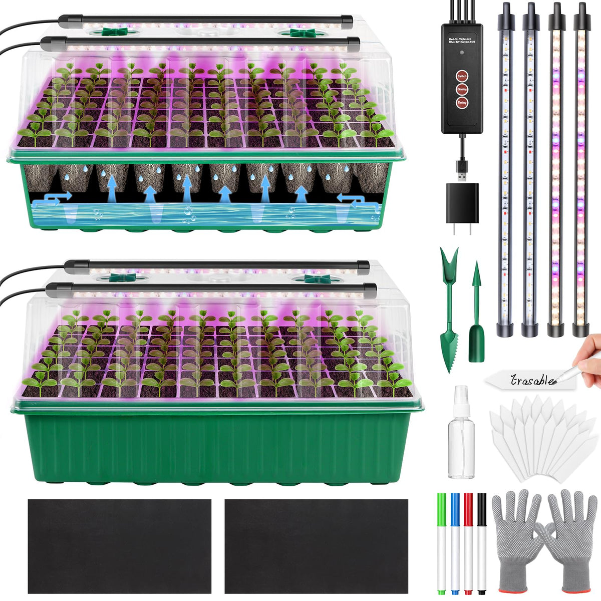 VYNALTIX 120-cell seed tray self-watering setup keeps roots evenly hydrated.