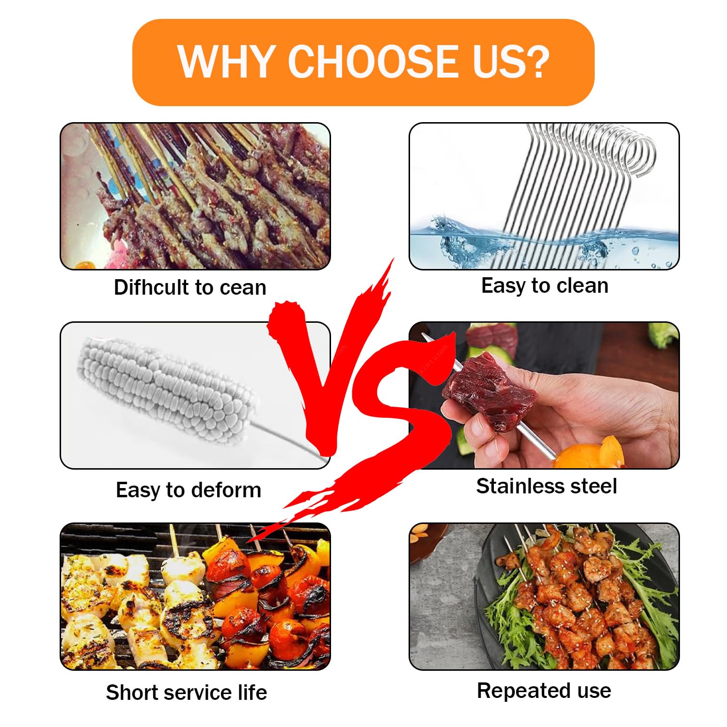 VYNFLICK 14-inch skewers are reusable and dishwasher-safe for mess-free cleanup
