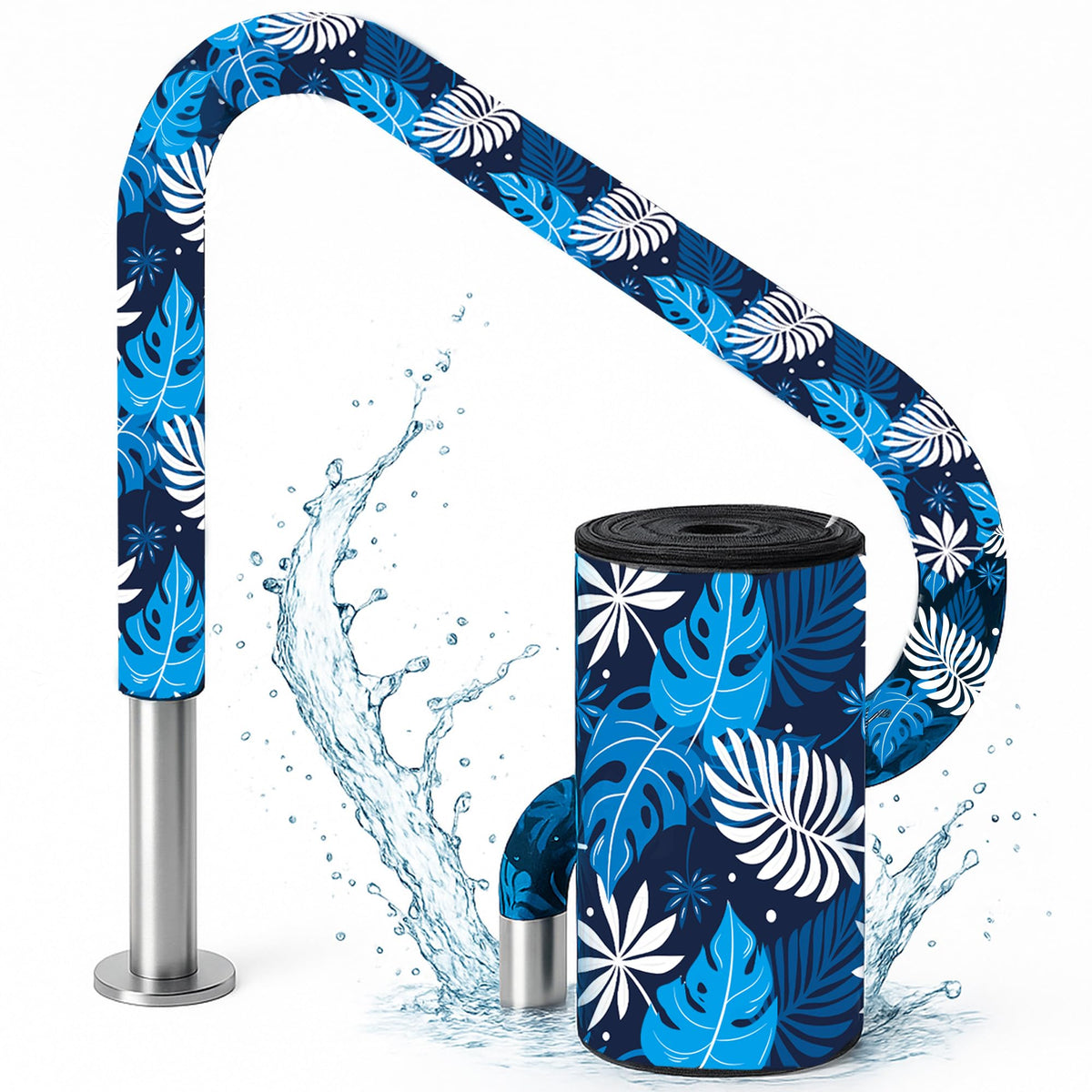 Vynium pool handrail cover with tropical palm print enhances grip and style.
