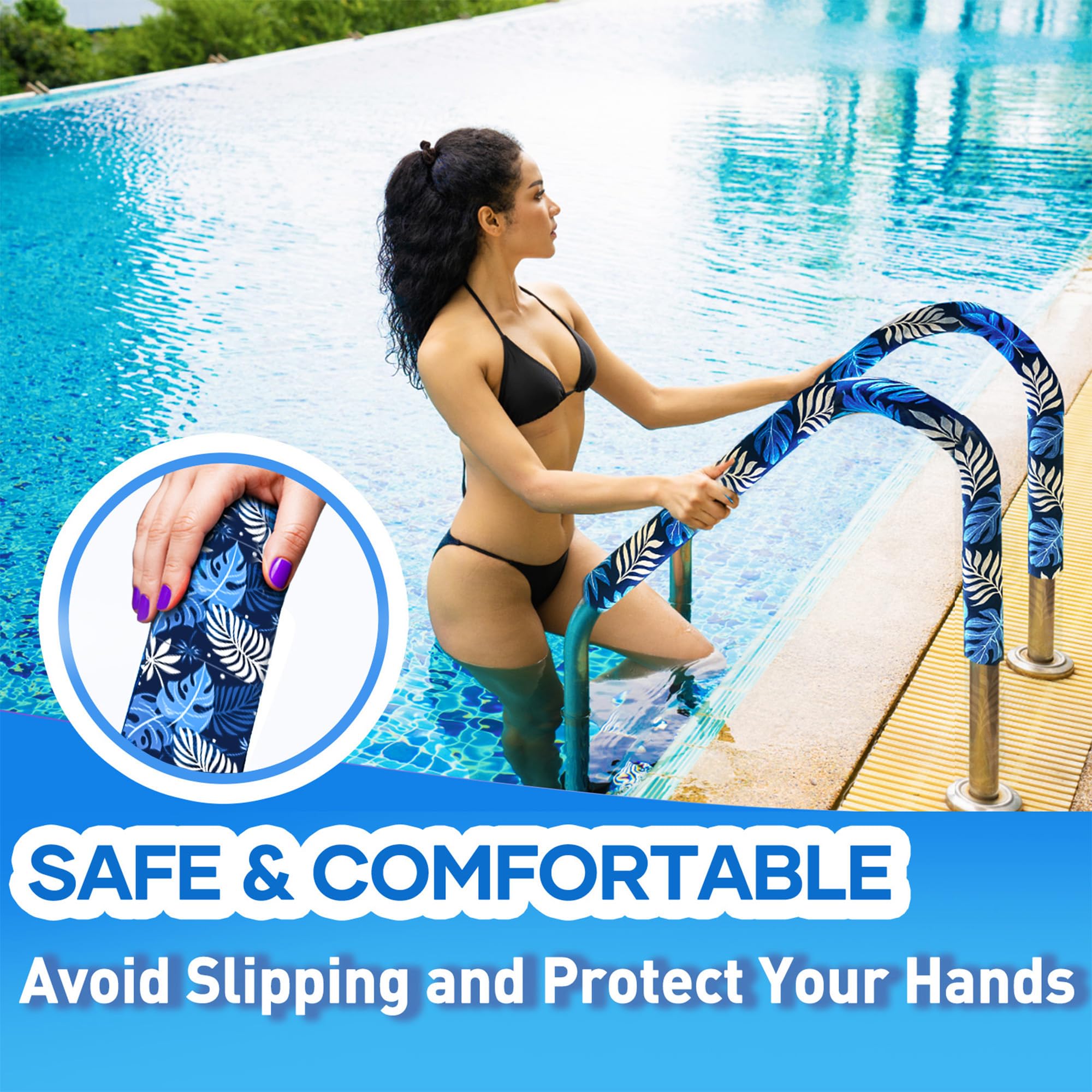 Durable neoprene material resists wear and fading on pool rails.