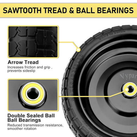 Vypart 13in flat-free tire with 5/8-inch bearings maintains stable spins under load.