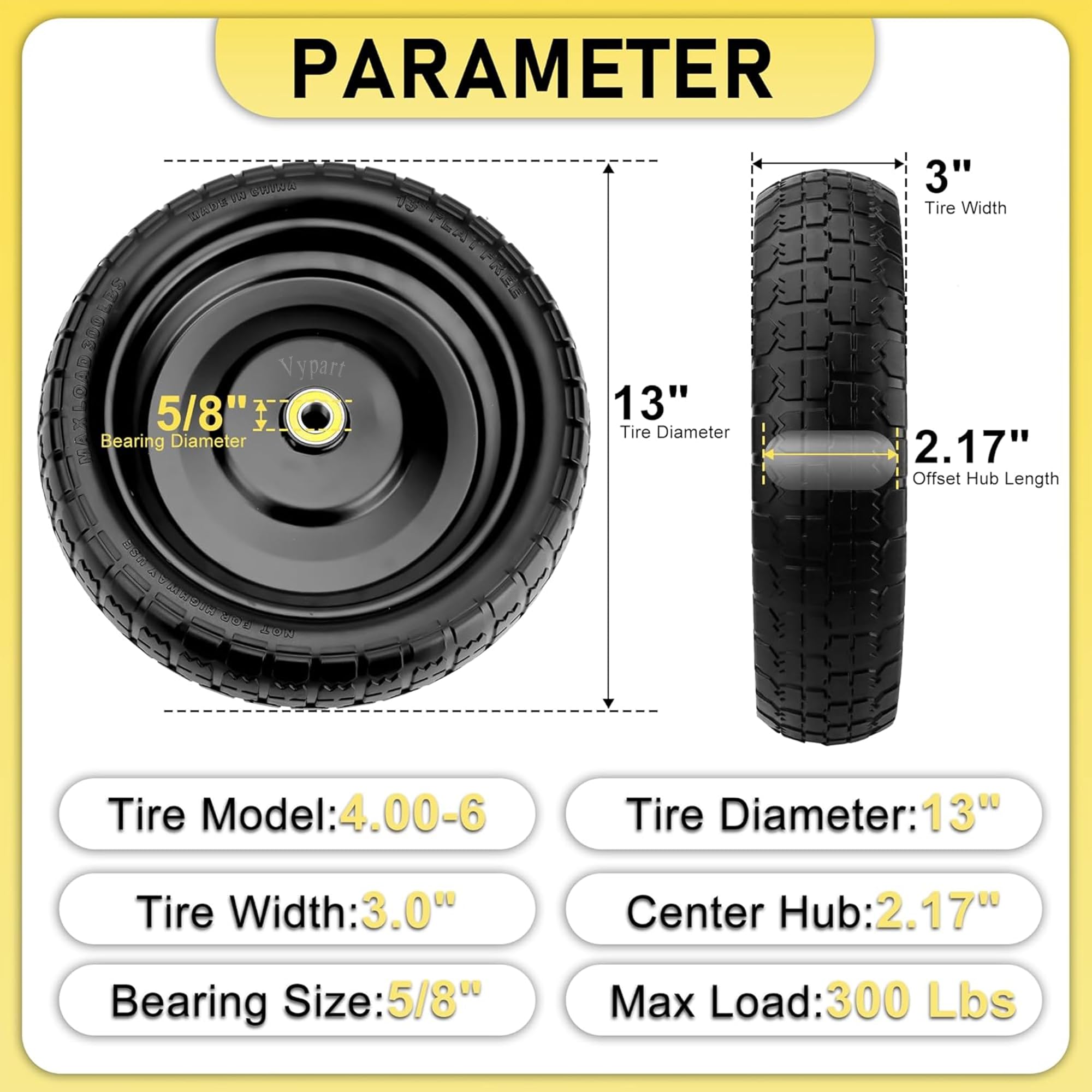 Vypart tire features offset hub for compatible, balanced wheel assembly.