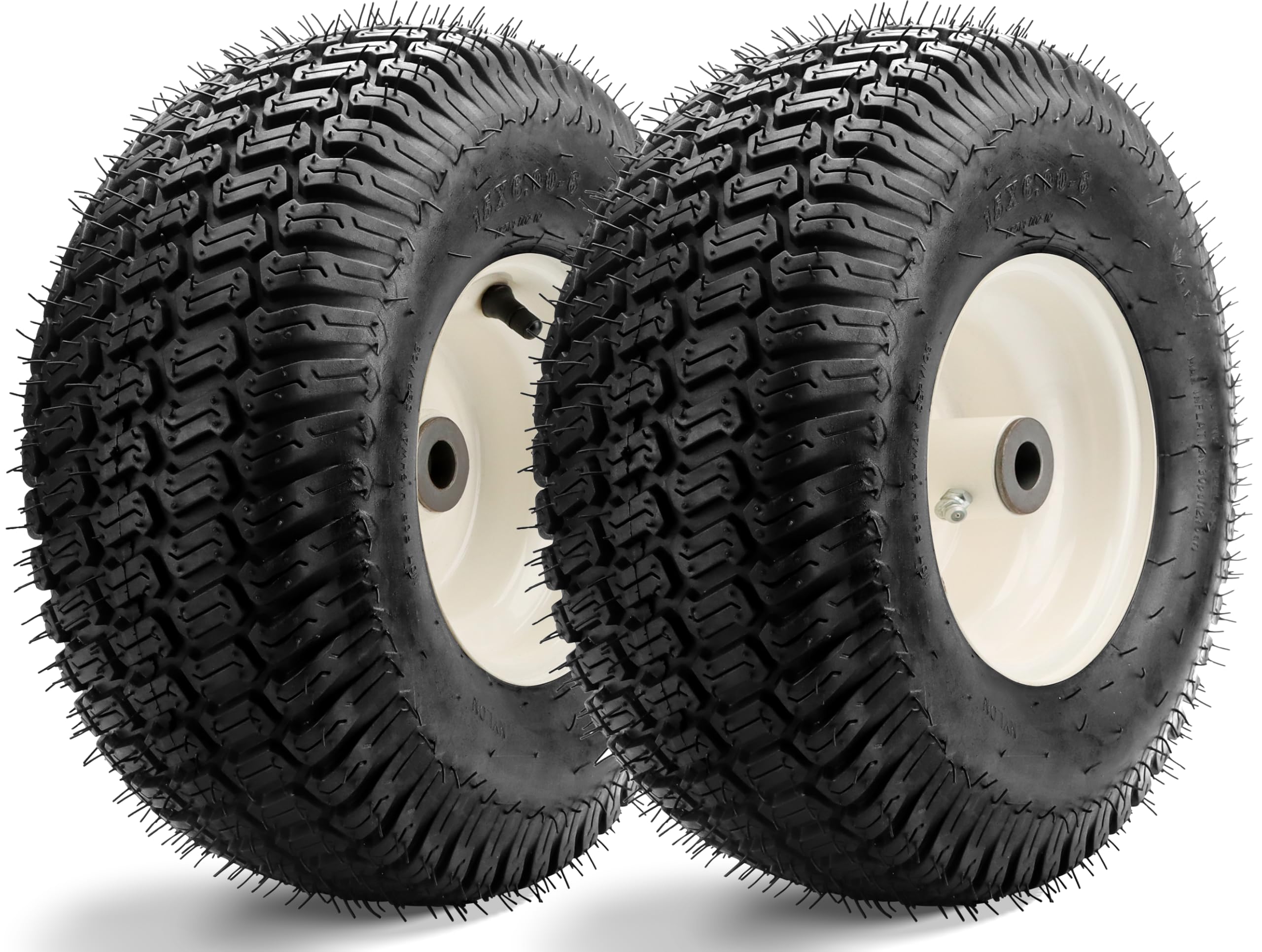 Vypart 15x6.00-6 NHS front tire and wheel for smooth turf mowing.