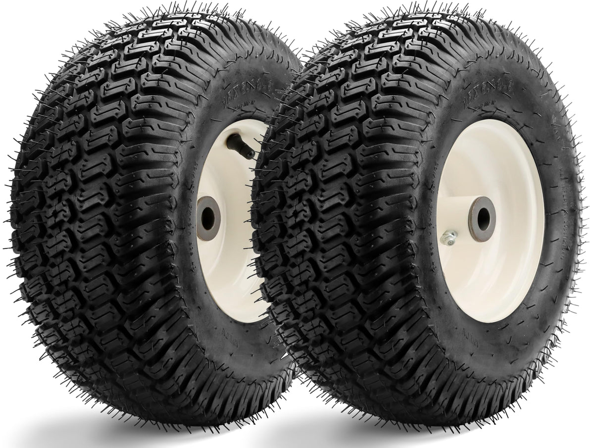 Vypart 15x6.00-6 NHS front tire and wheel for smooth turf mowing.