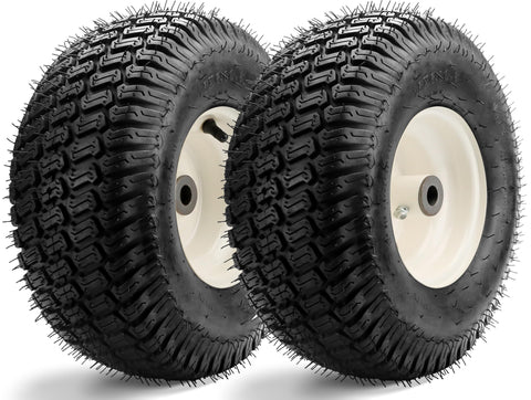 Vypart 15x6.00-6 NHS front tire and wheel for smooth turf mowing.