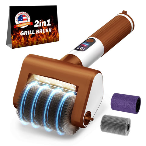 VYtoov electric grill brush with LED light illuminates grill surfaces for precise cleaning.