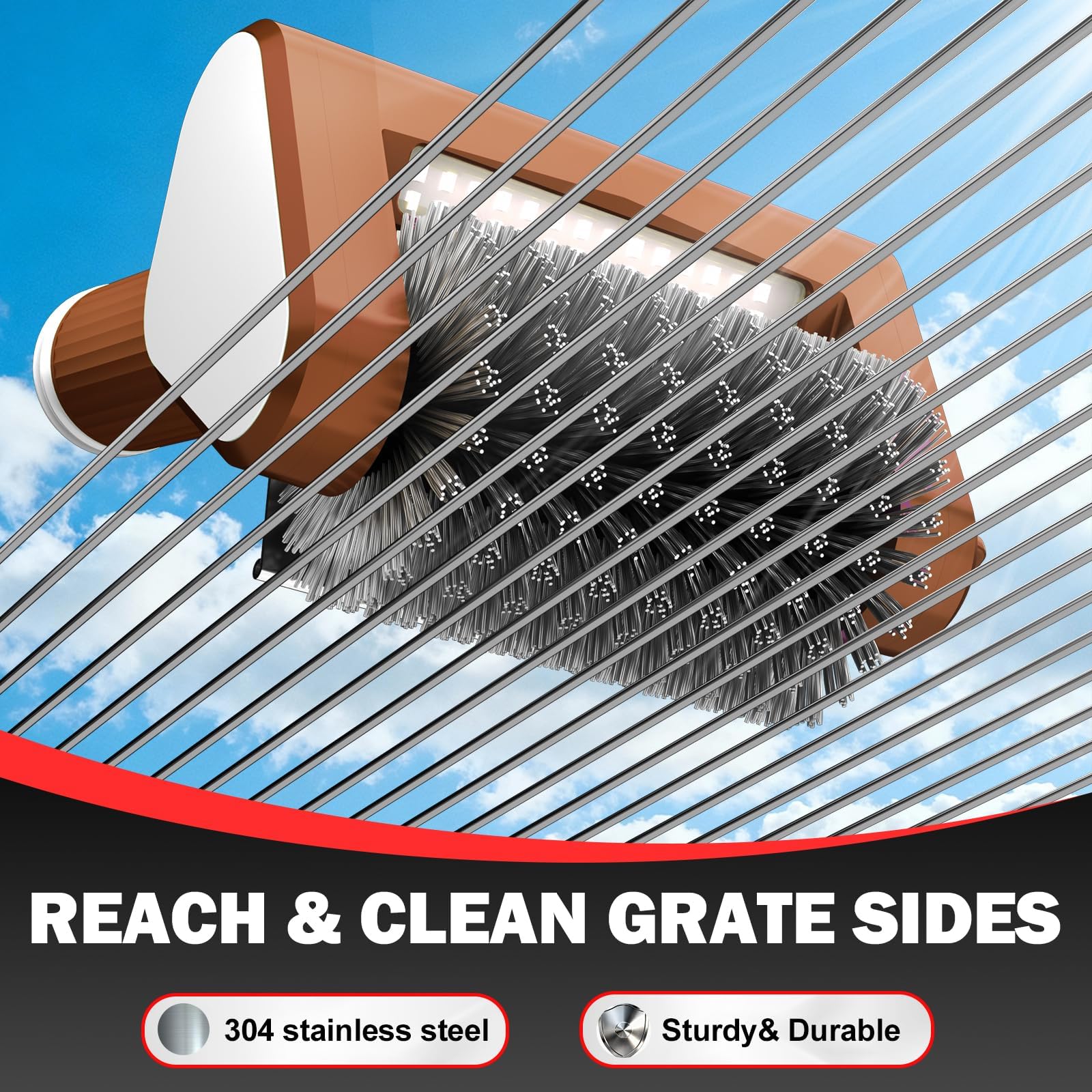 VYtoov scouring pad head tackles stubborn residue on grills and kitchen surfaces.