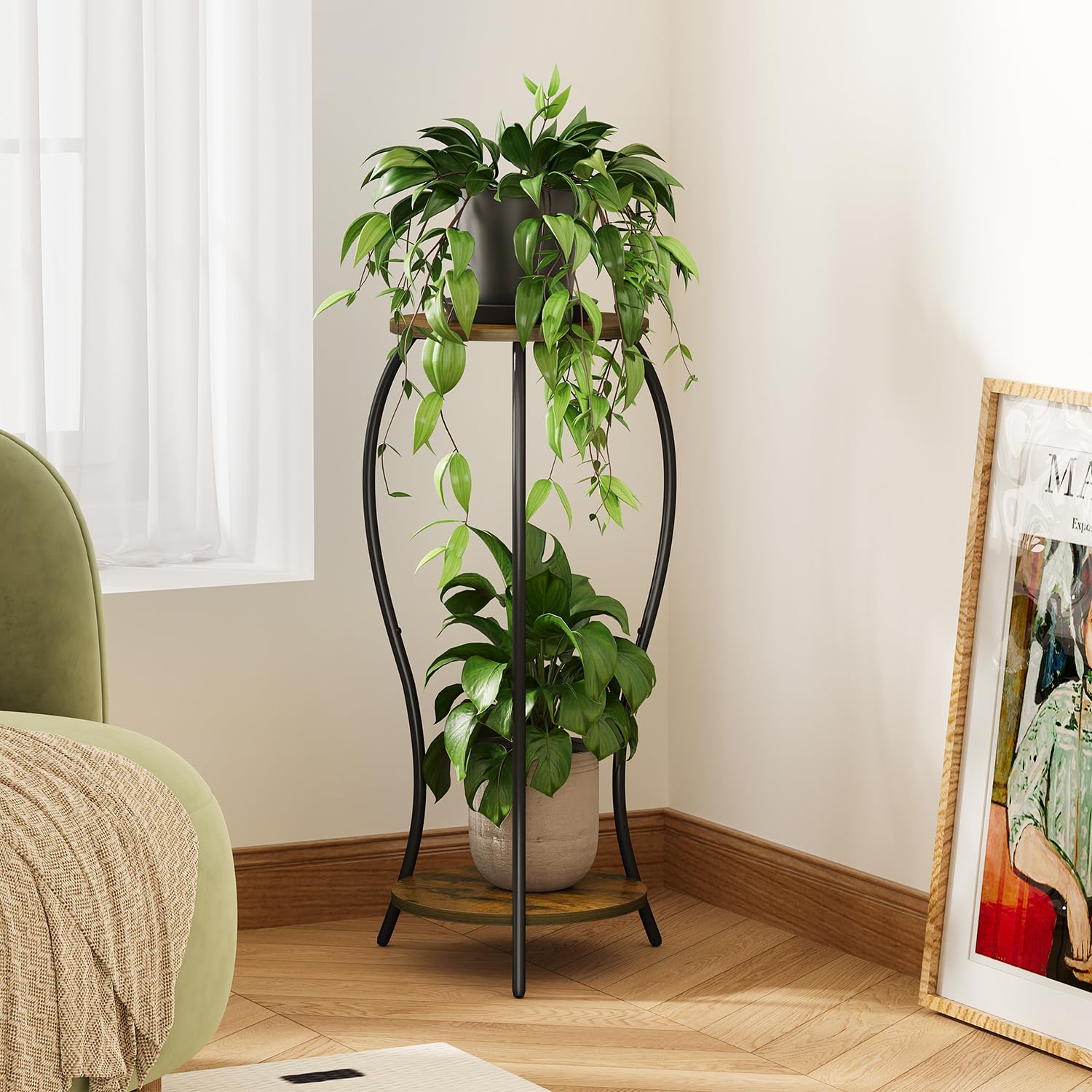 VYUOL curved-design plant stand highlighting lush greenery on open shelves