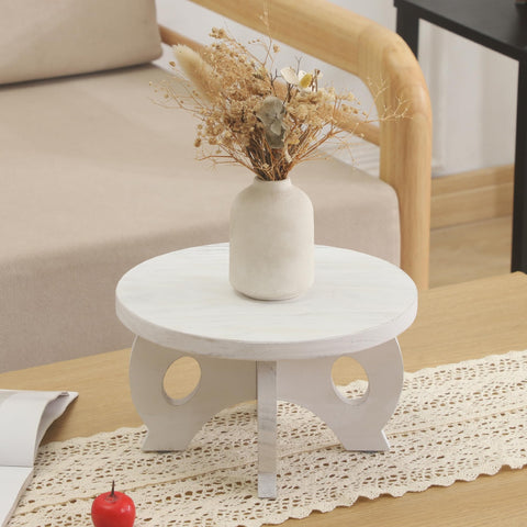 VZODESR washed white wood plant riser complements greens and ceramics.
