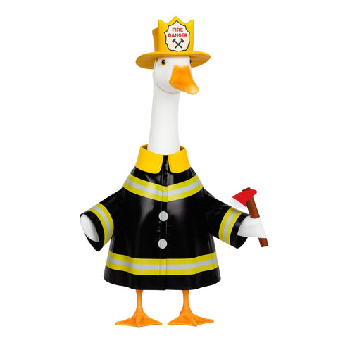 Vzuito firefighter goose outfit displayed on porch for festive yard decor