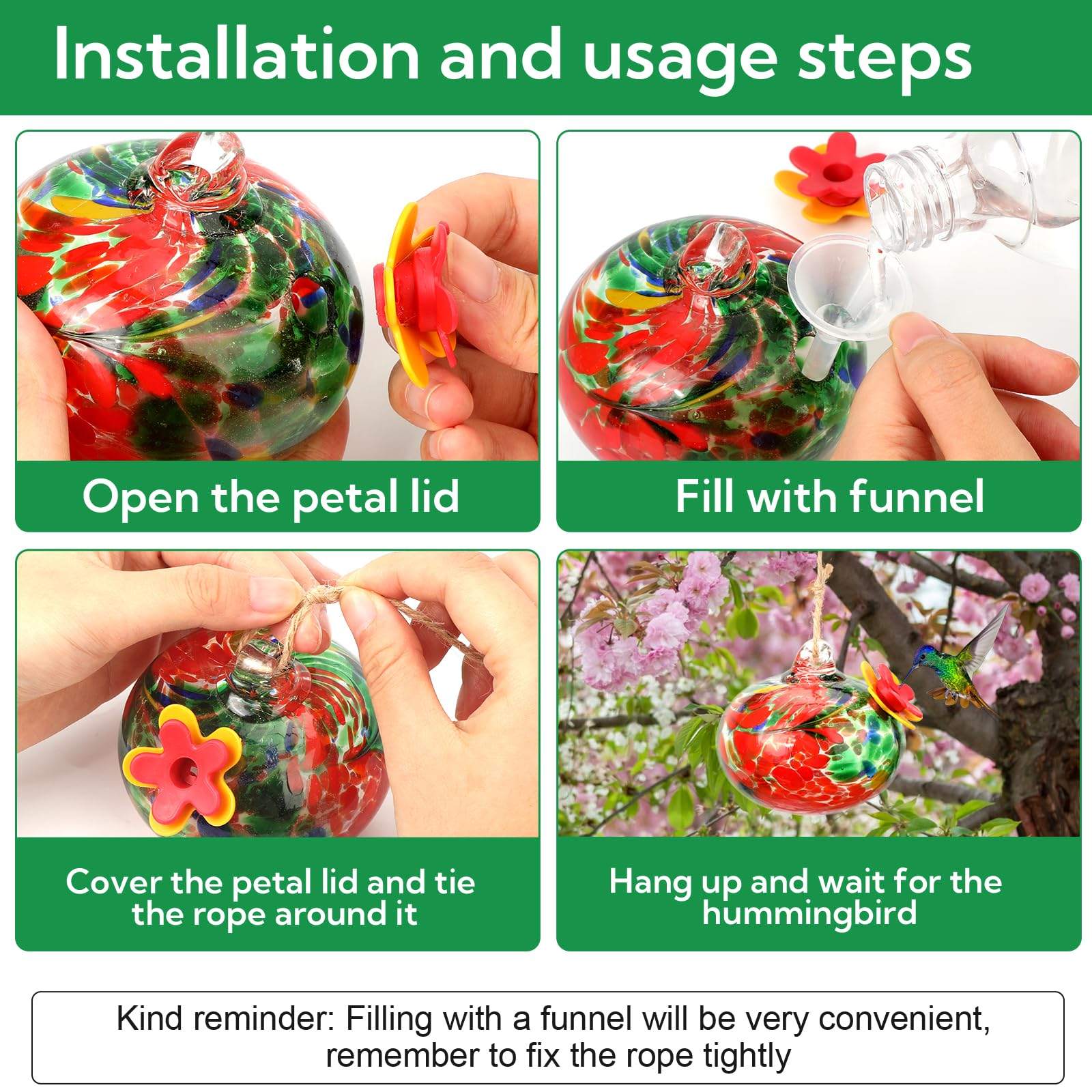 VZZNN glass feeders highlight nectar capacity for longer viewing sessions.