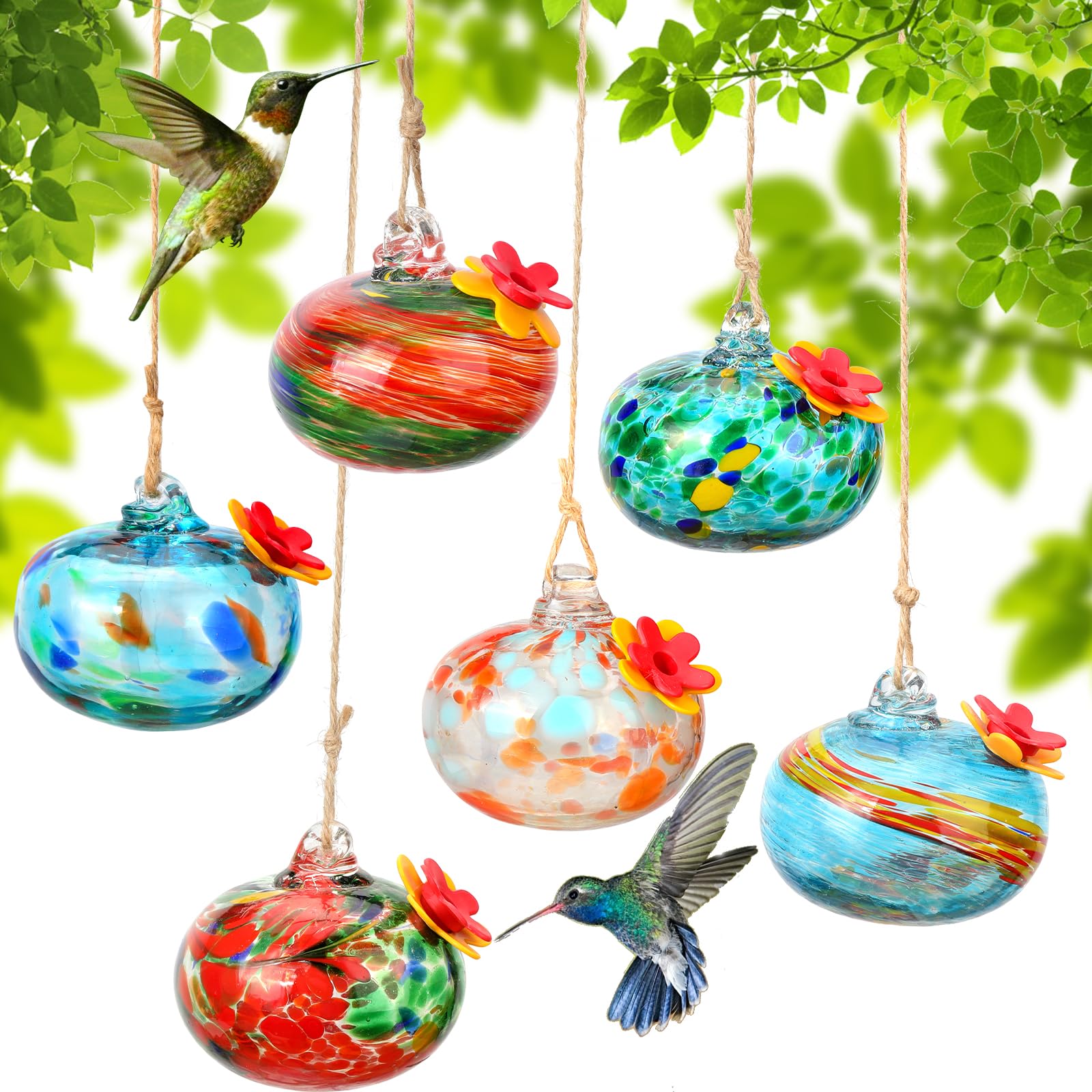 VZZNN glass hummingbird feeder with colorful flowers attracts hummingbirds to your garden.