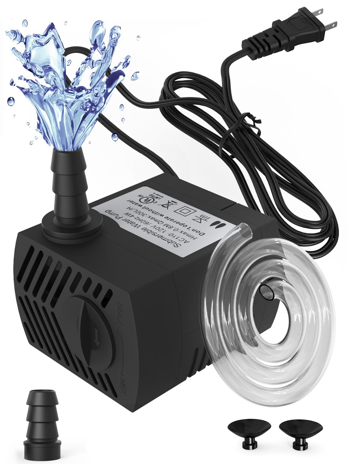 Waatoos 80GPH mini pump front view showing compact size and quiet operation