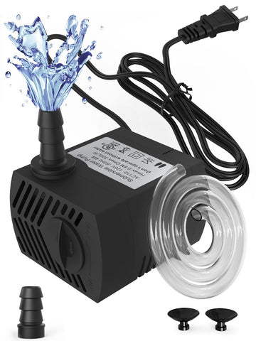 Waatoos 80GPH mini pump front view showing compact size and quiet operation