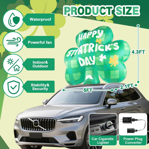 Wabolay 5ft shamrock inflatable ready to glow in yard or parade settings.