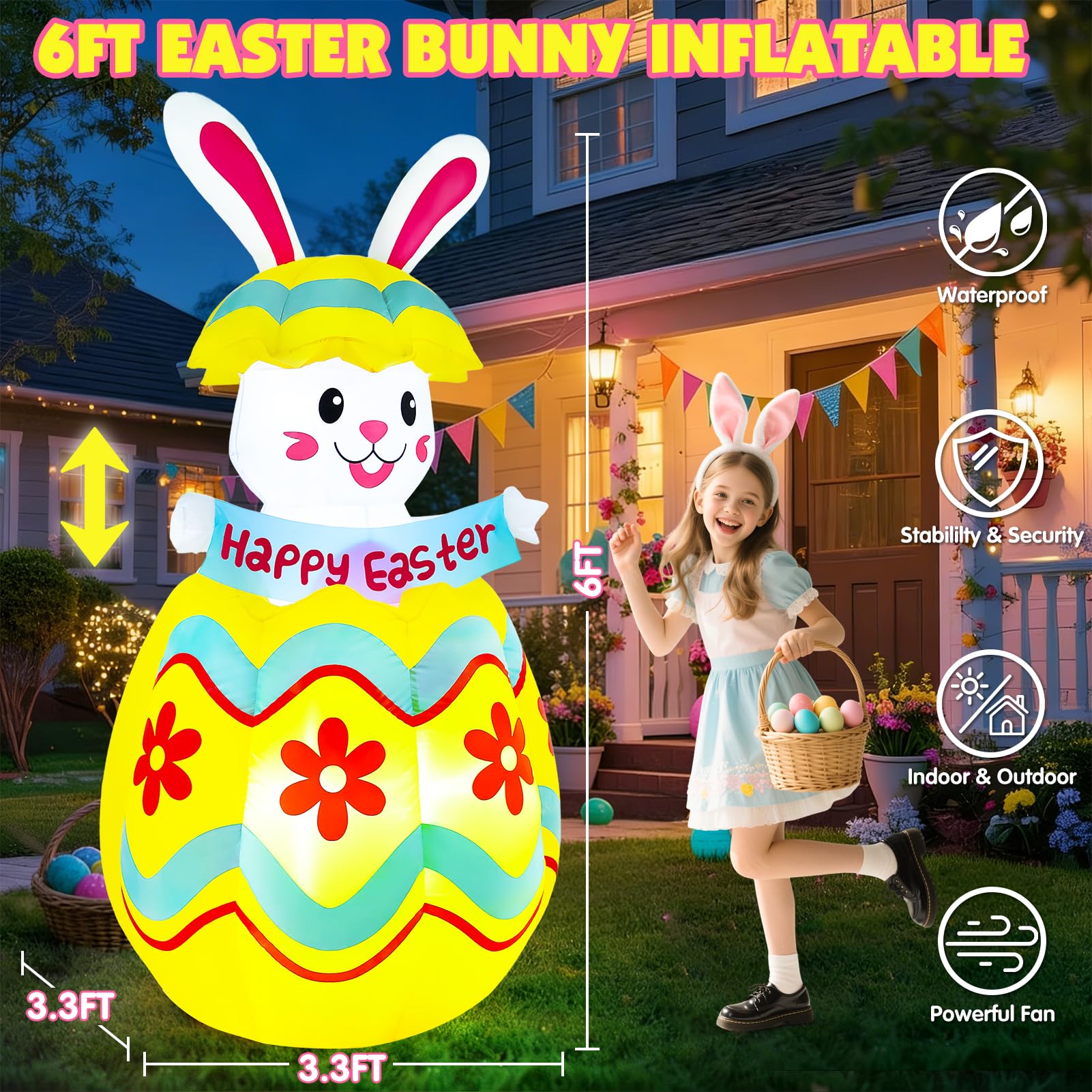 Wabolay Easter bunny with egg scene and LED lights brightens nights.