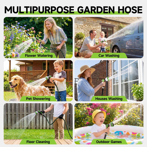 Wabolay Garden Hose 100ft 10-function nozzle shown for gardening and car cleaning.