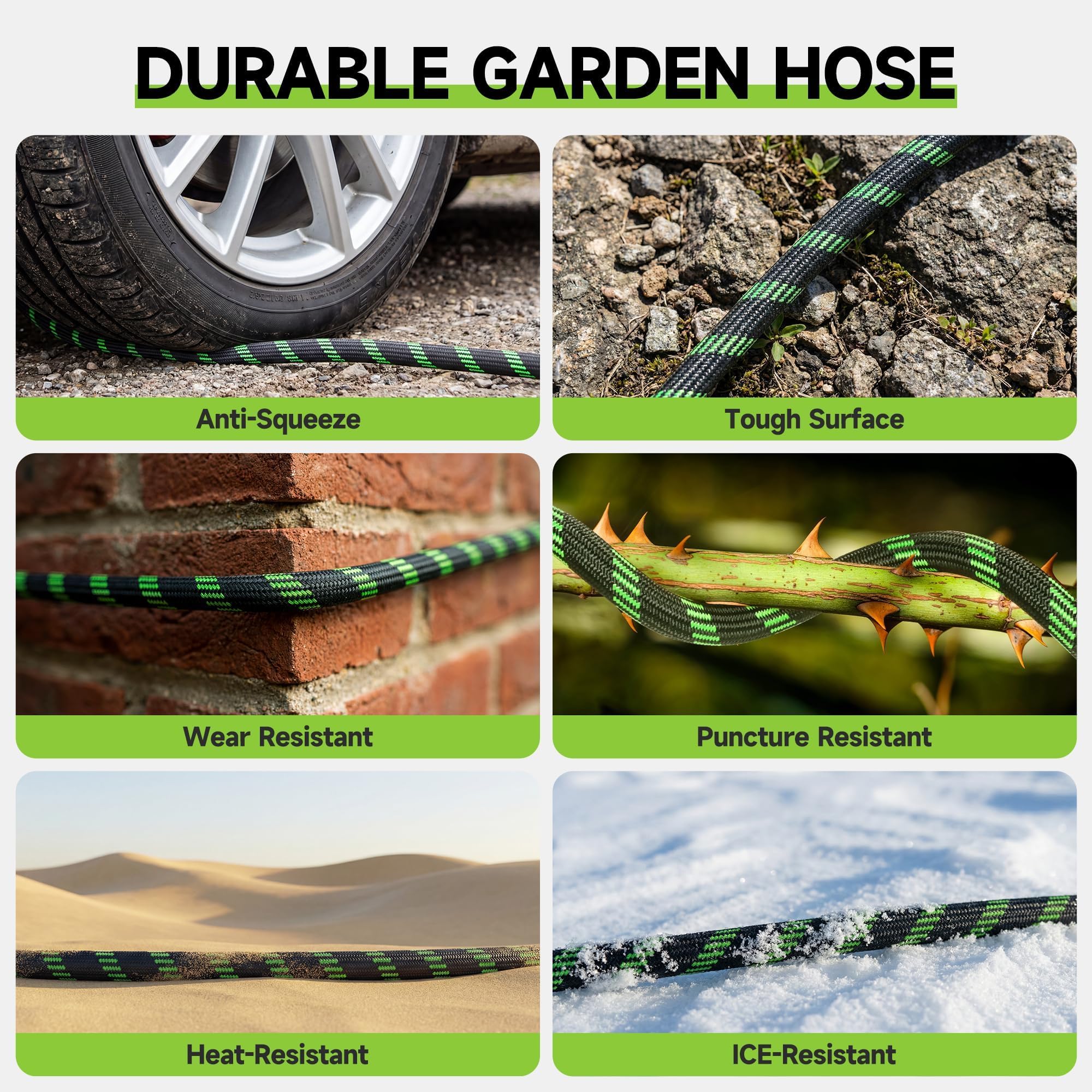 Wabolay Garden Hose 100ft with 3/4-inch brass fittings ensures secure connections.