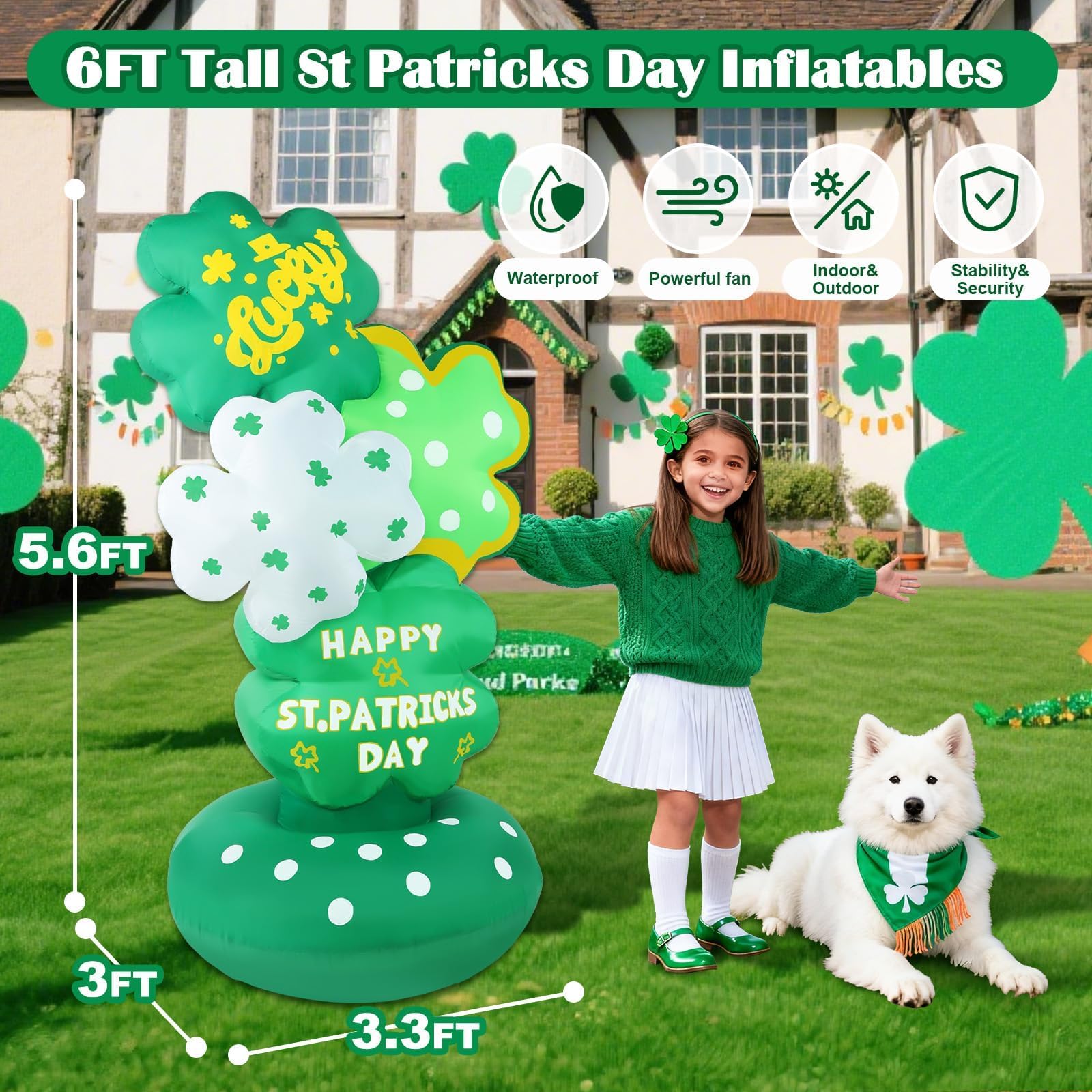 Wabolay green shamrock inflatable base adds festive charm to outdoor decor.