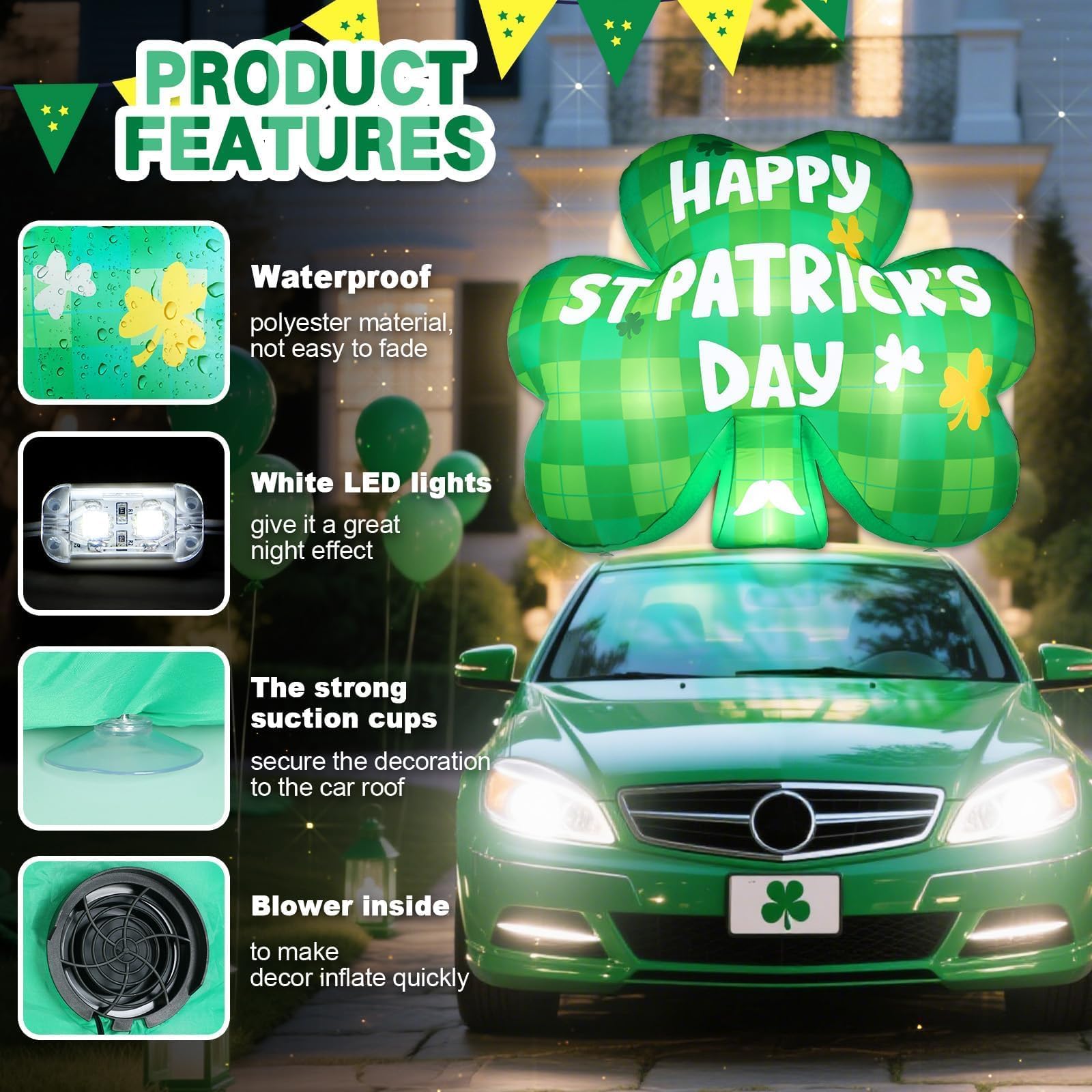 Wabolay LED illuminated shamrock promotes eye-catching outdoor decor after dark.