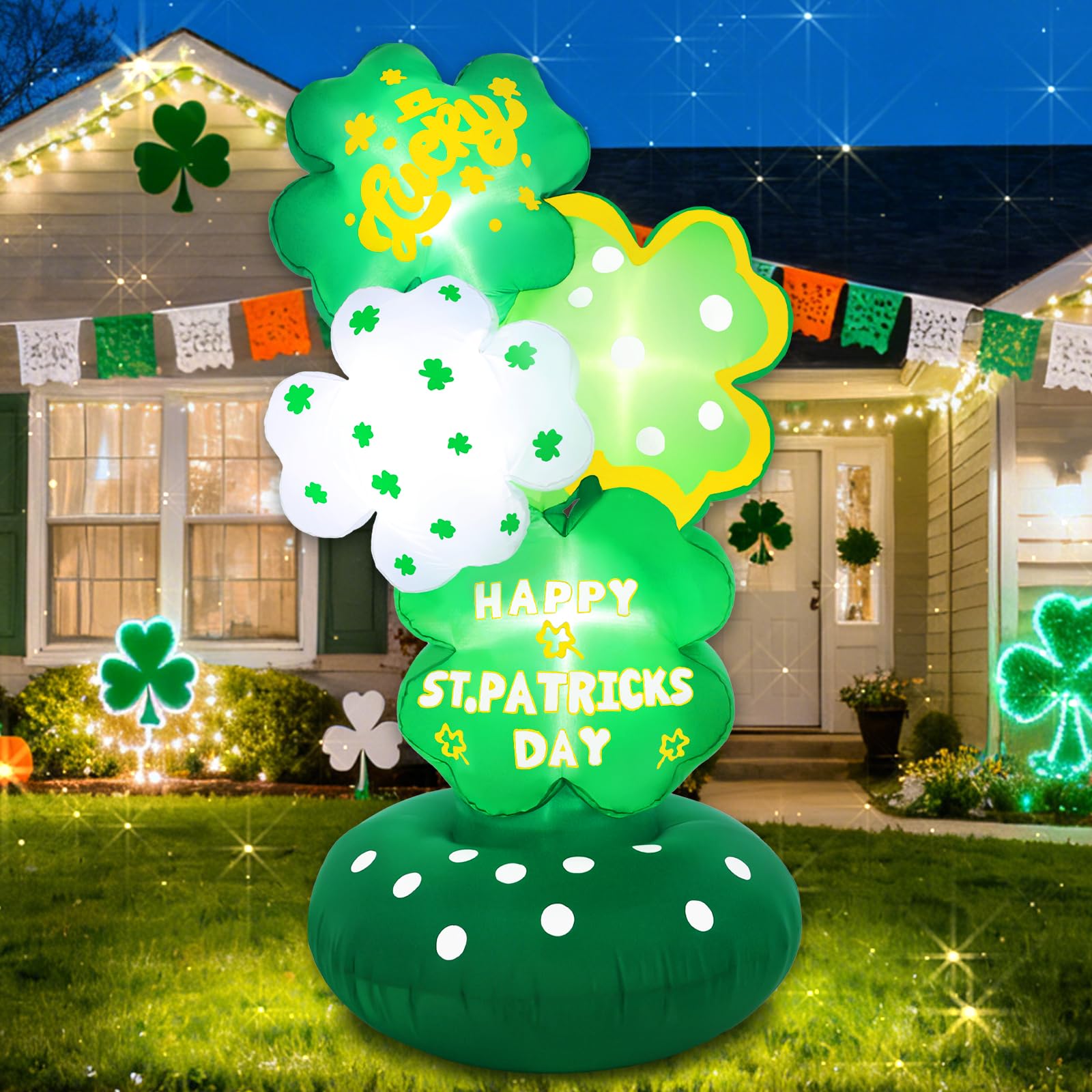 Wabolay lucky shamrock inflatable 6ft in the yard serves as an eye-catching St. Patrick's centerpiece.