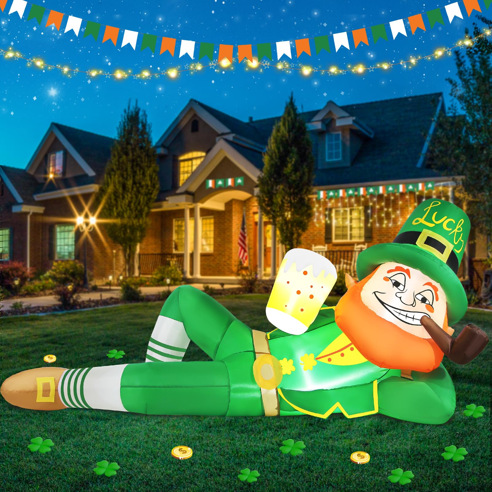 Wabolay inflatable leprechaun holding beer adds festive curb appeal.