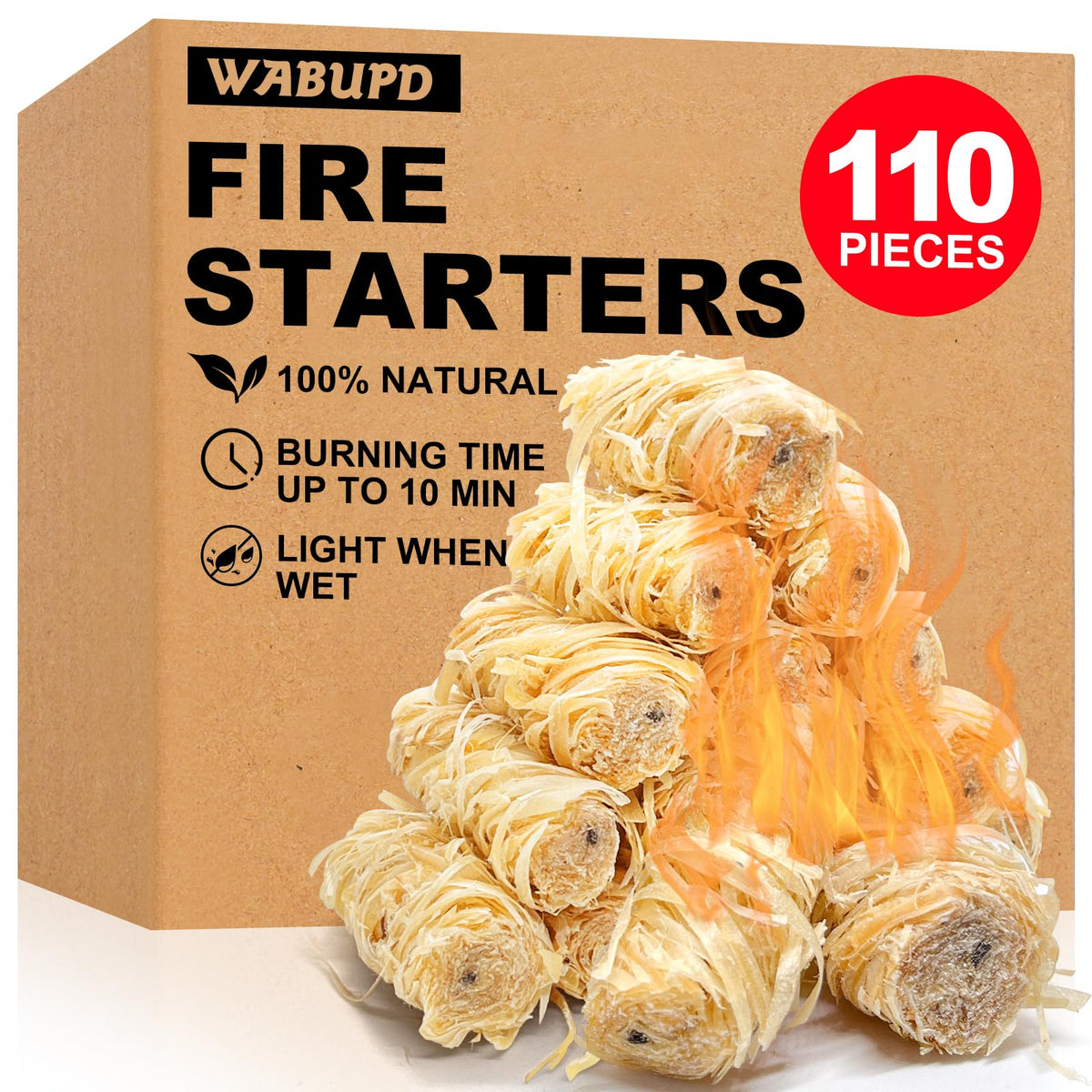 WABUPD 110 pcs fire starter pack enables quick ignition with minimal odor for indoor or outdoor fires.
