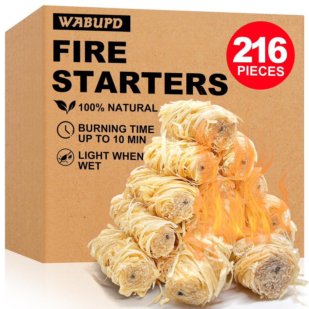 WABUPD 216 fire starter packaging close-up highlighting eco-friendly ignition materials.