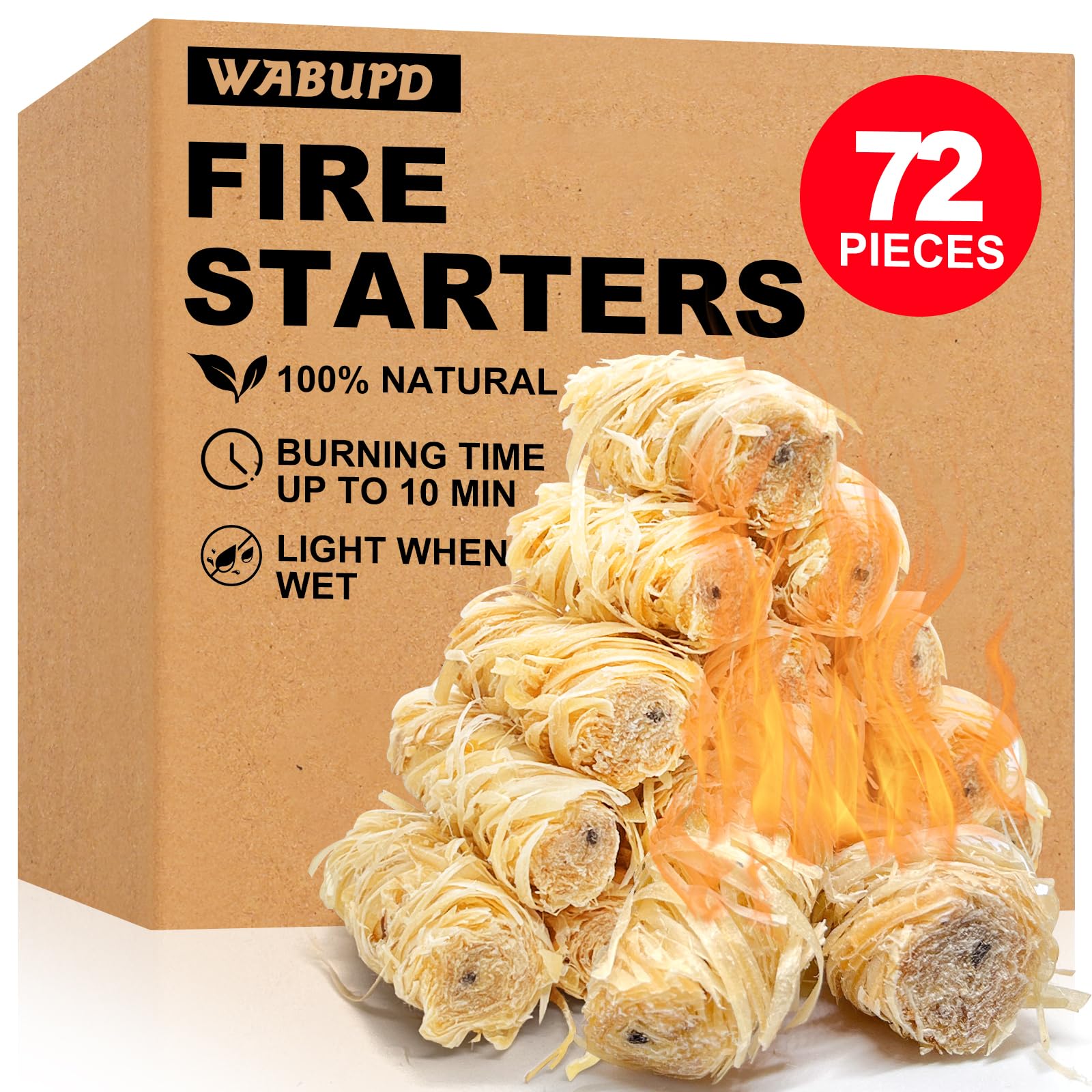 WABUPD fire starter packaging demonstrates eco-friendly ignition for grills and fireplaces.