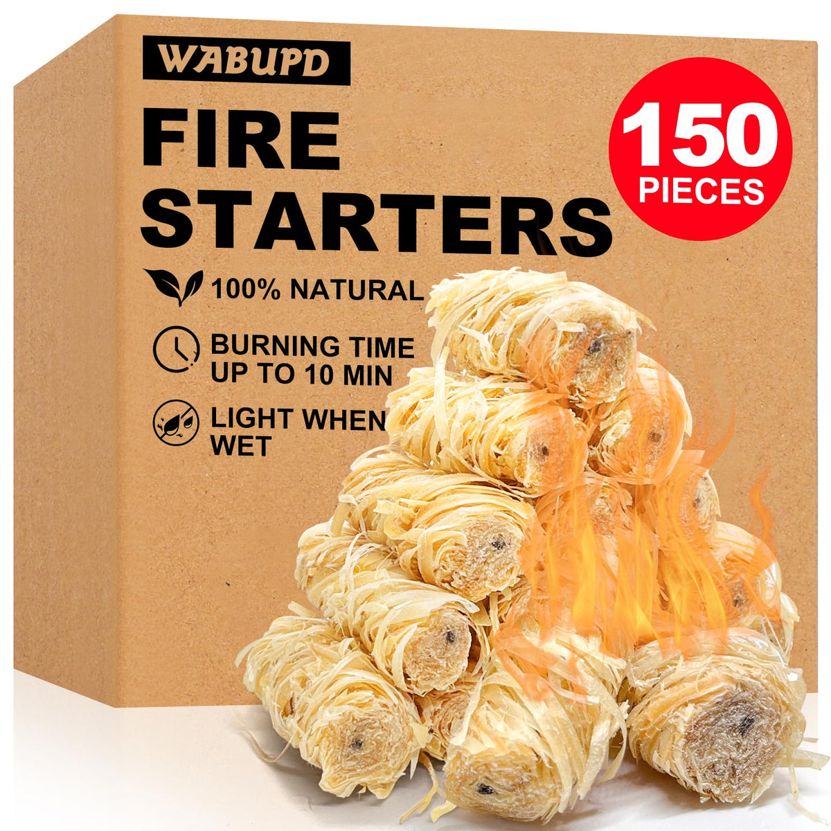 WABUPD fire starter packaging highlights eco-friendly materials for quick, clean ignition.