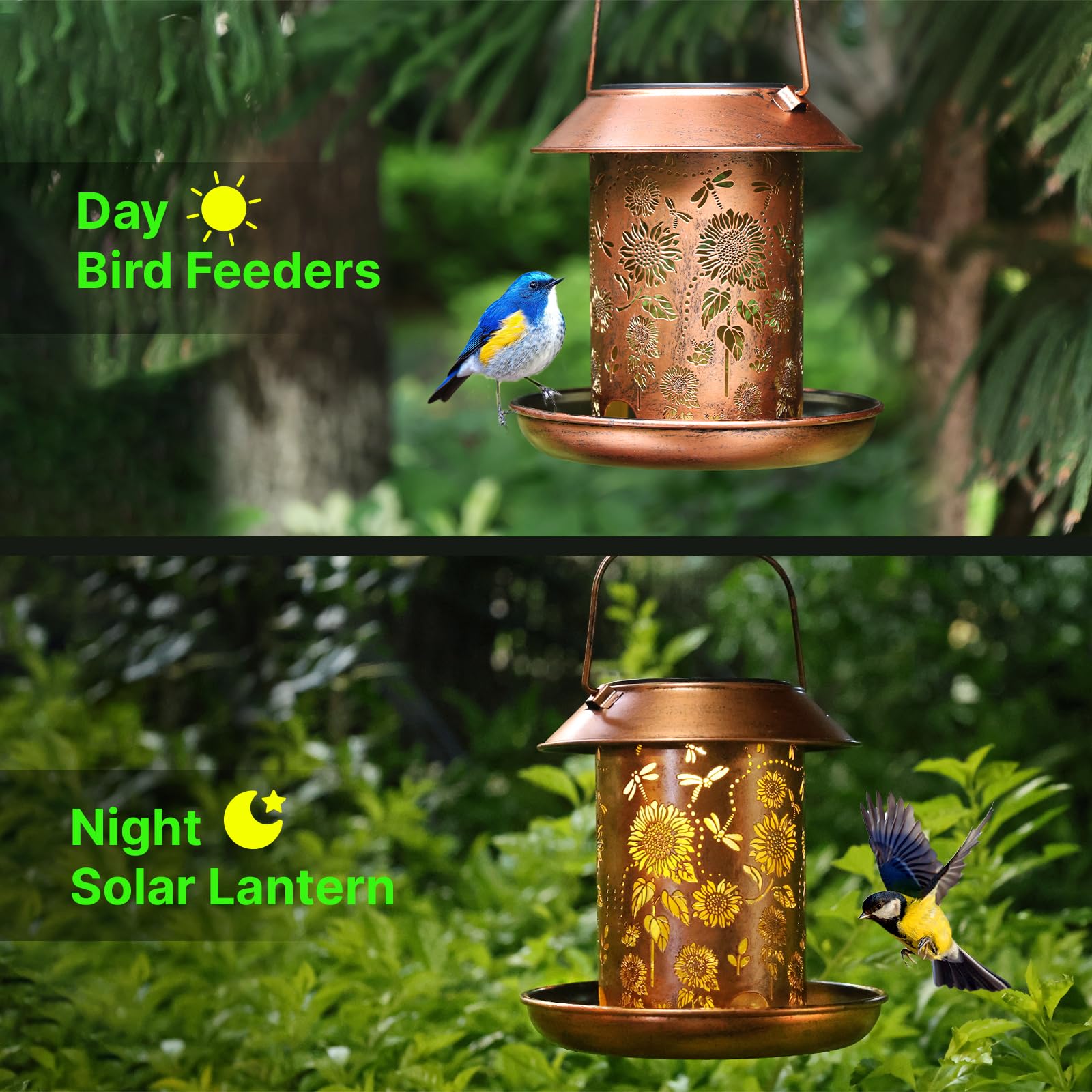 WACLSTDAY easy-setup lantern feeder charges in sun for evenings.