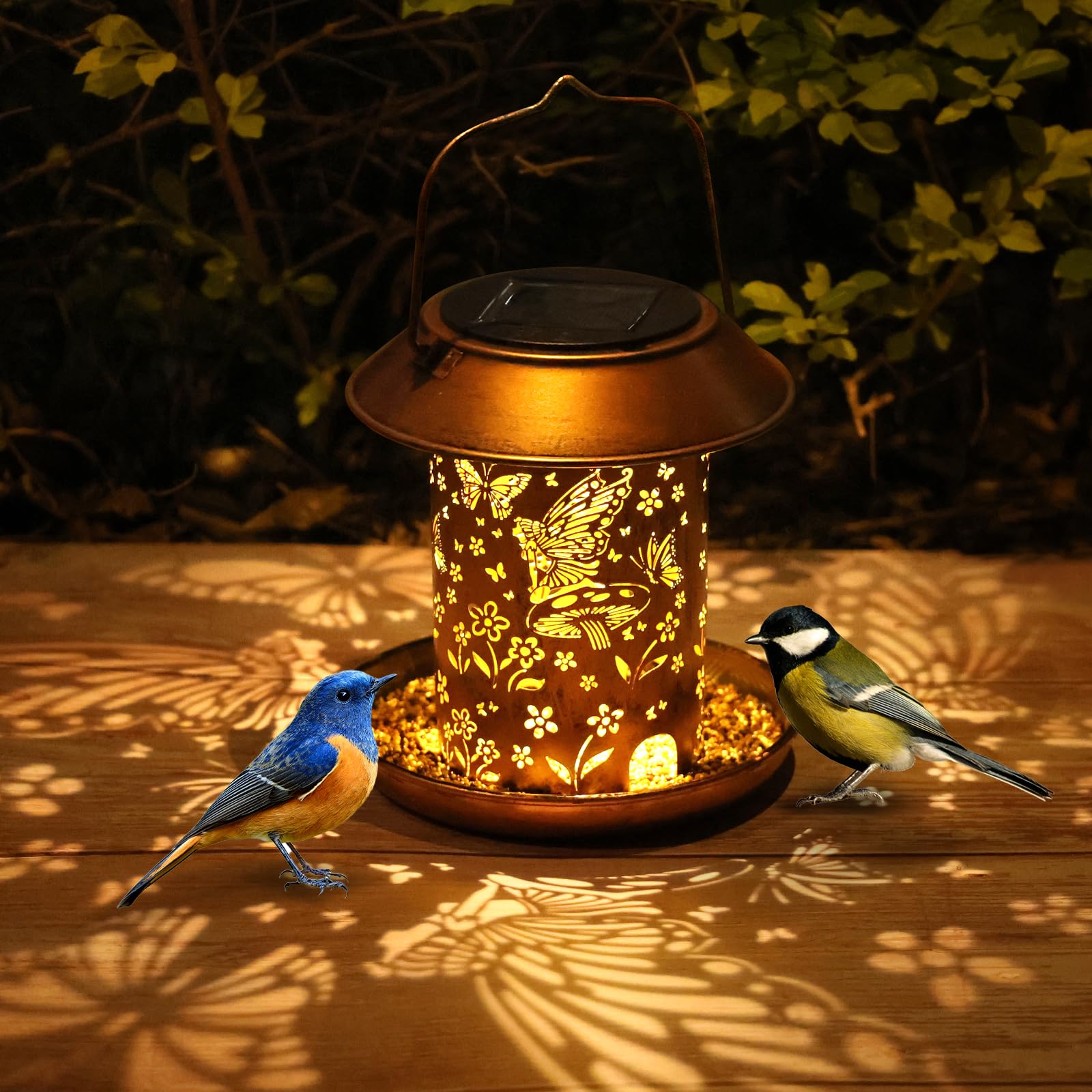 WACLSTDAY solar bird feeder lantern with butterfly pattern for night ambiance
