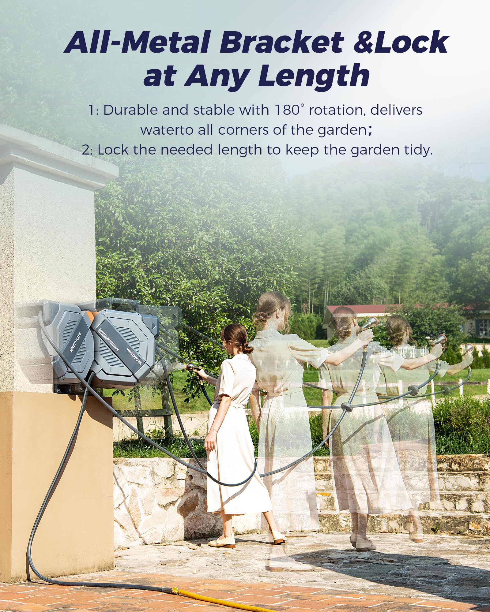 WACOTOYA 180-degree swivel enables easy reach around shrubs and corners.