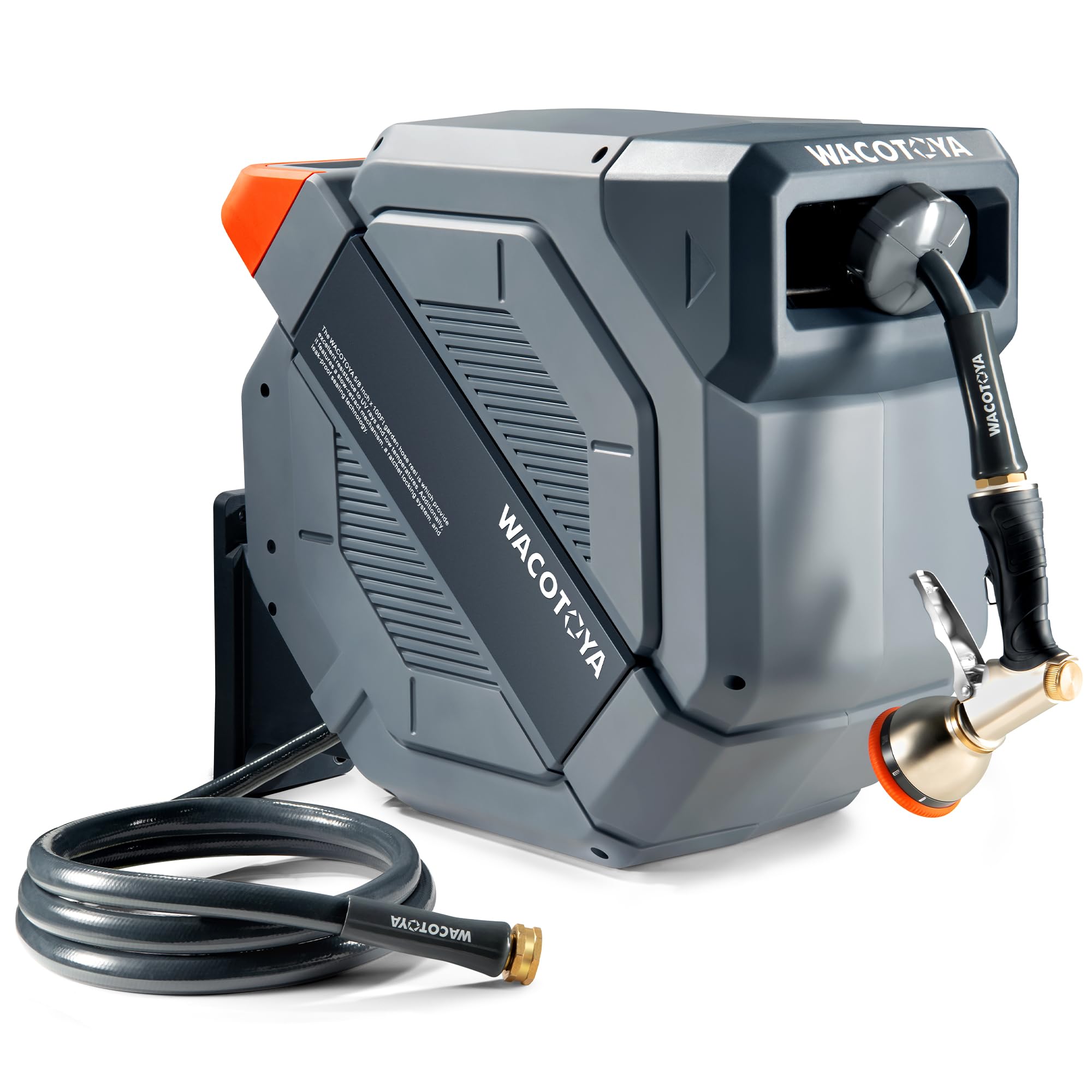 WACOTOYA retractable hose reel wall-mount bracket highlights durable all-metal build for long outdoor use.