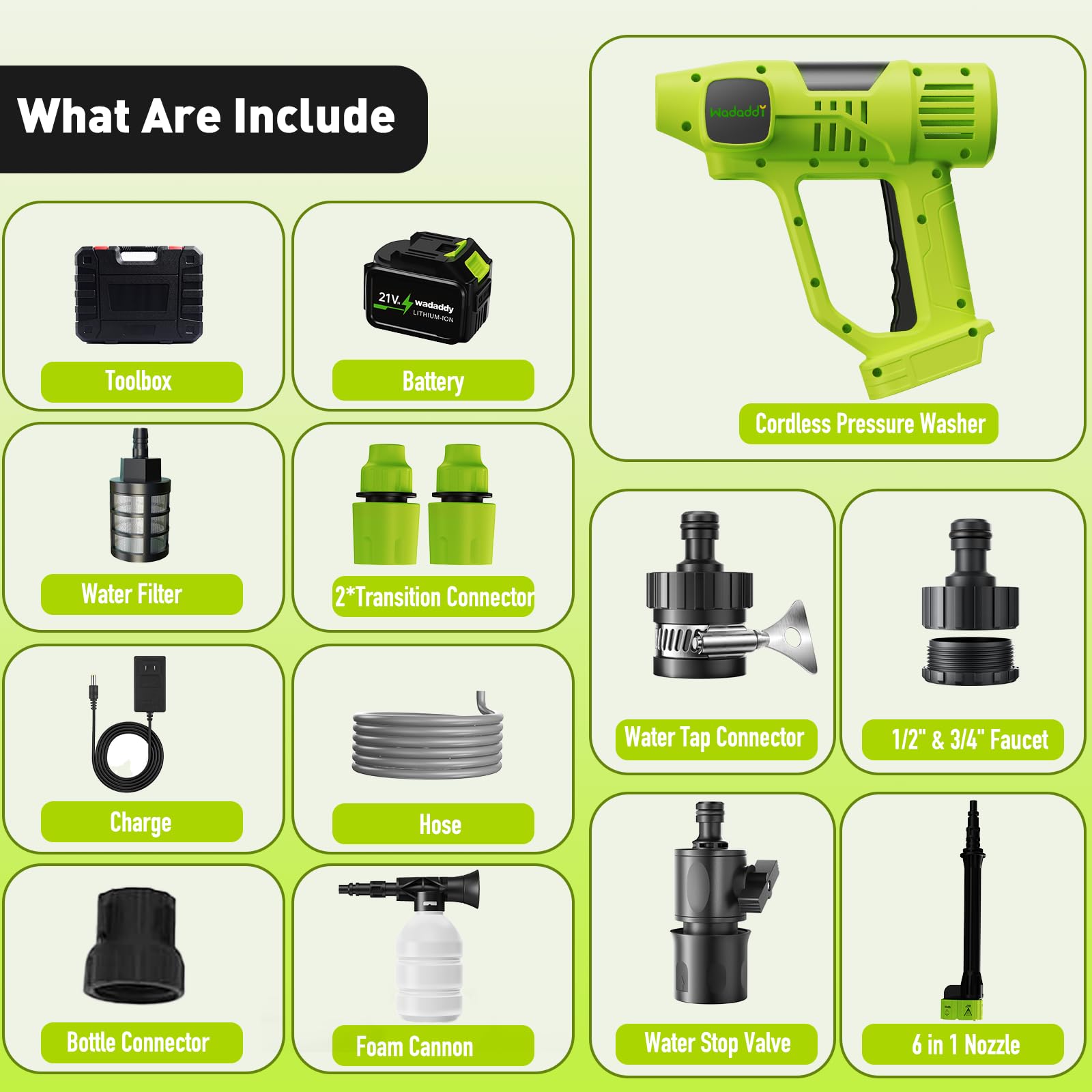 Wadaddy all-in-one cleaning kit including battery, nozzle, charger and accessories.