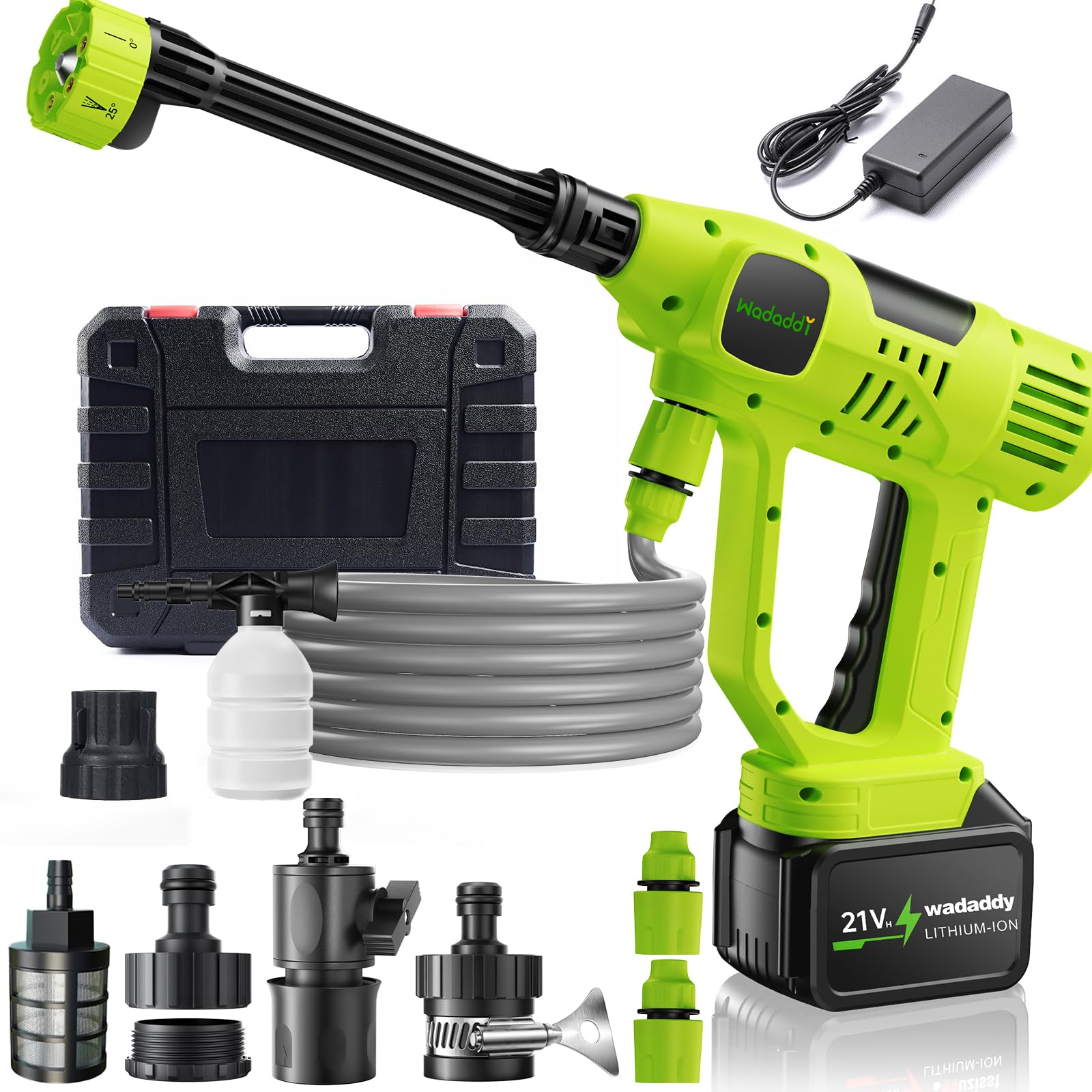 Wadaddy cordless pressure washer front view, compact and portable for outdoor cleaning.