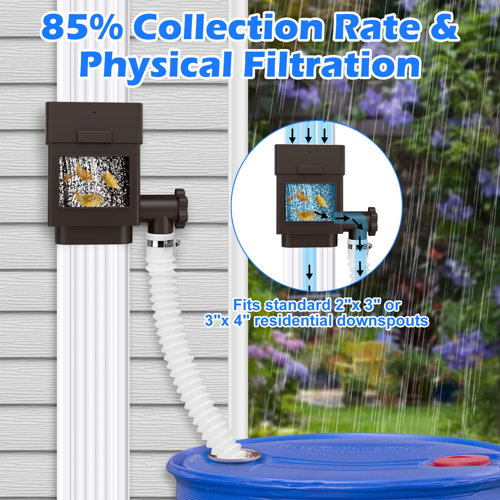 WADEO 5ft hose connects the diverter to the rain barrel for flexible routing