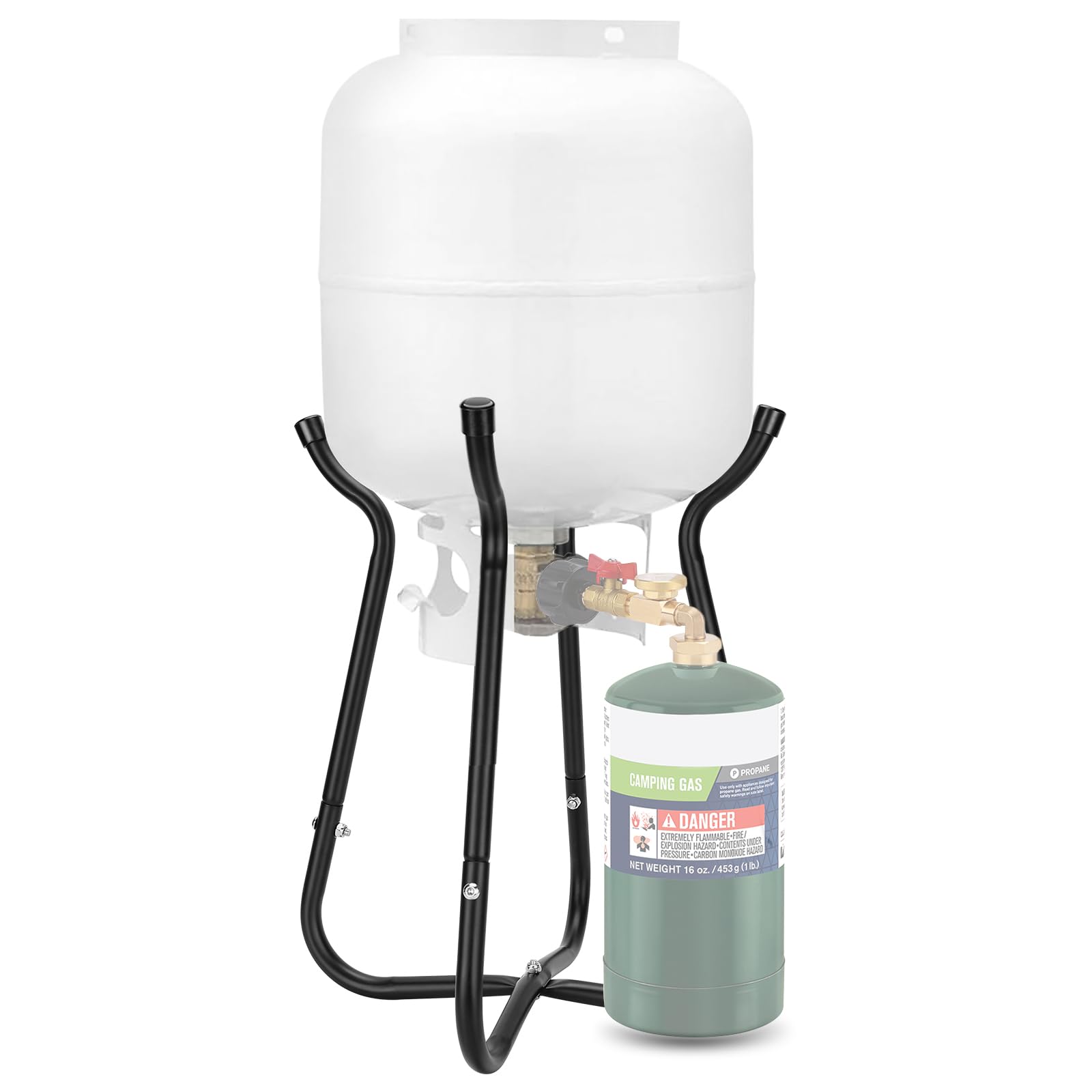 WADEO propane refill stand side view showing stable support for 5-20lb tanks