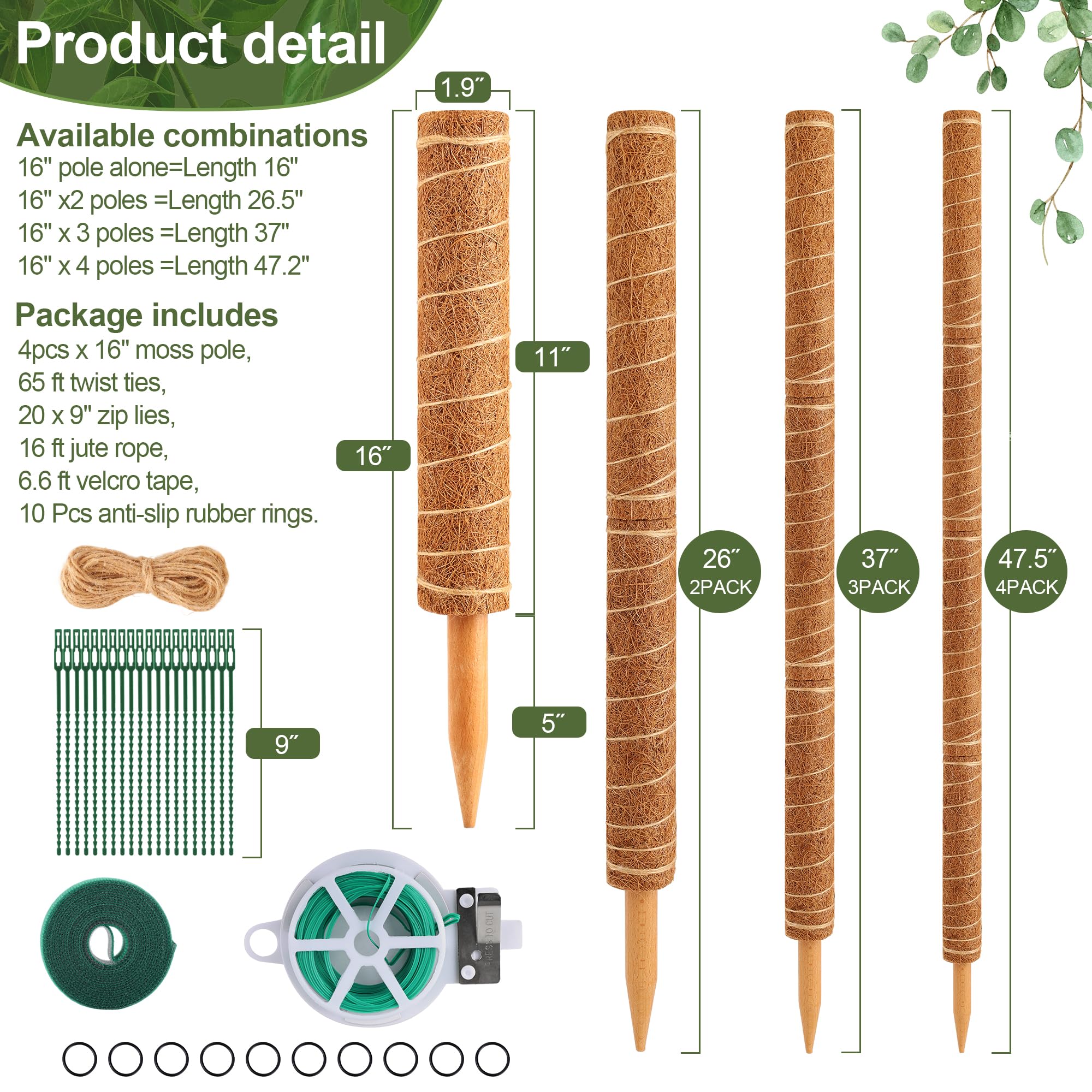 WAENLIR coconut coir moss pole shows natural texture for climbing plants.